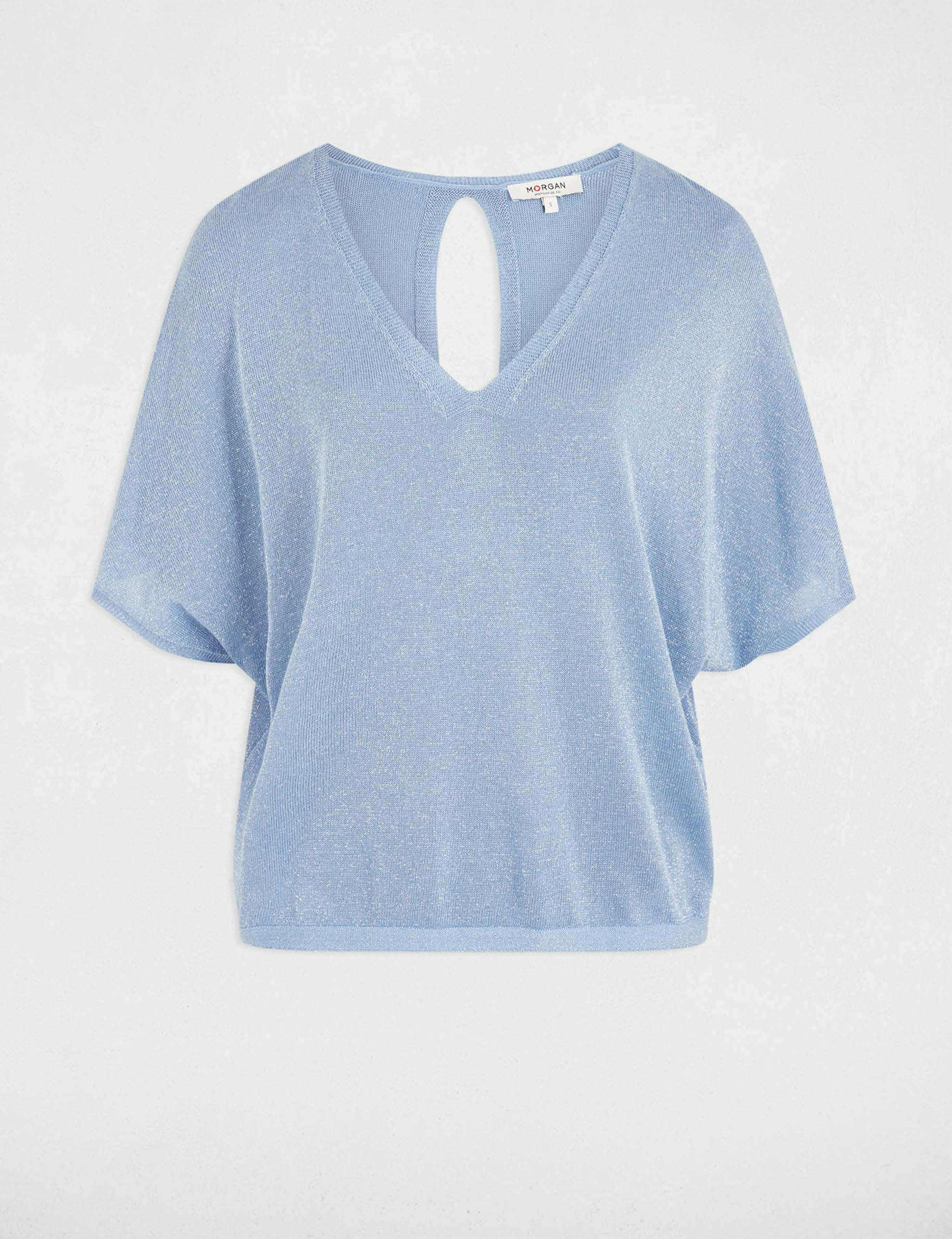 Pull col en V et manches 3/4 bleu gris femme