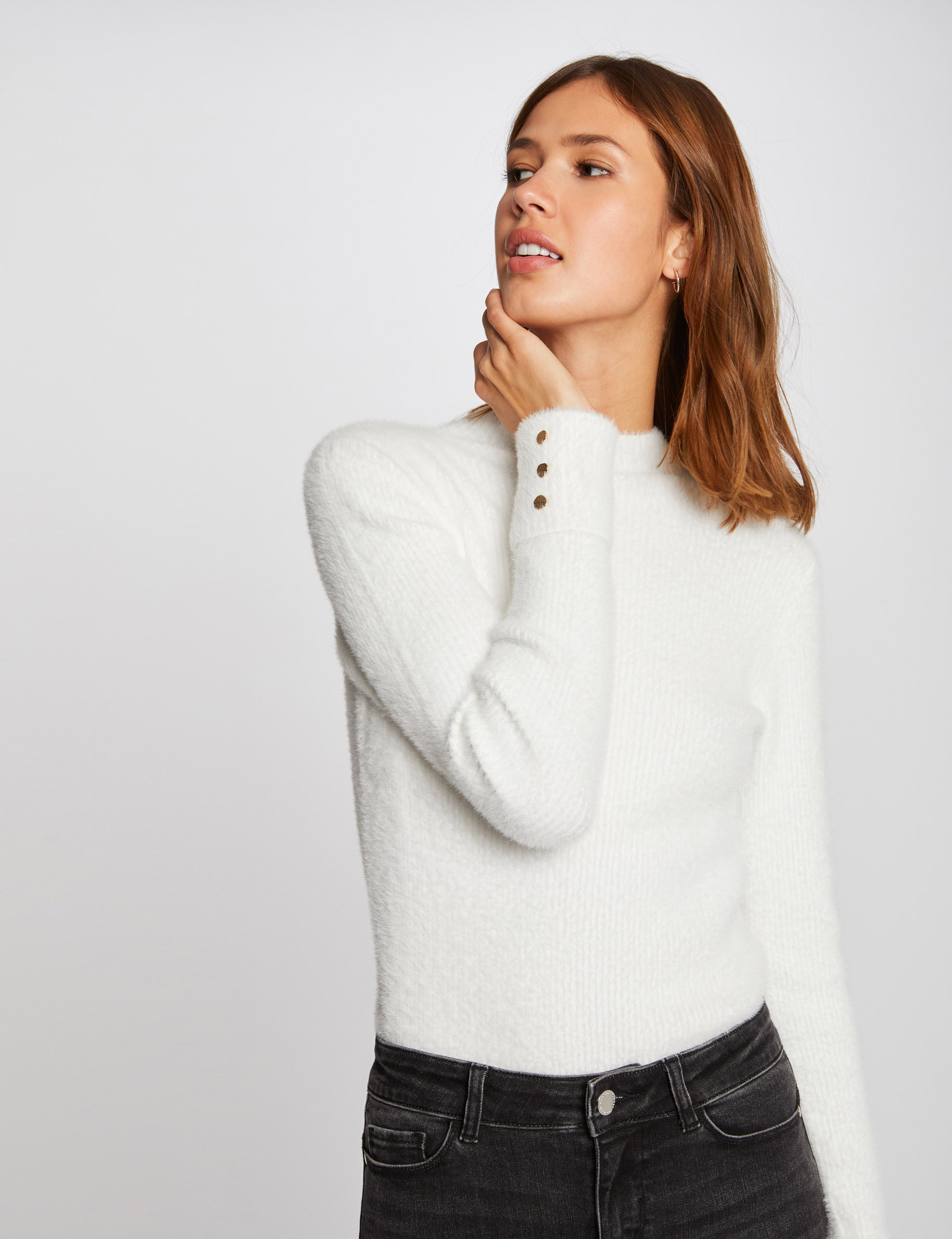 Pull manches longues maille duveteuse ivoire femme