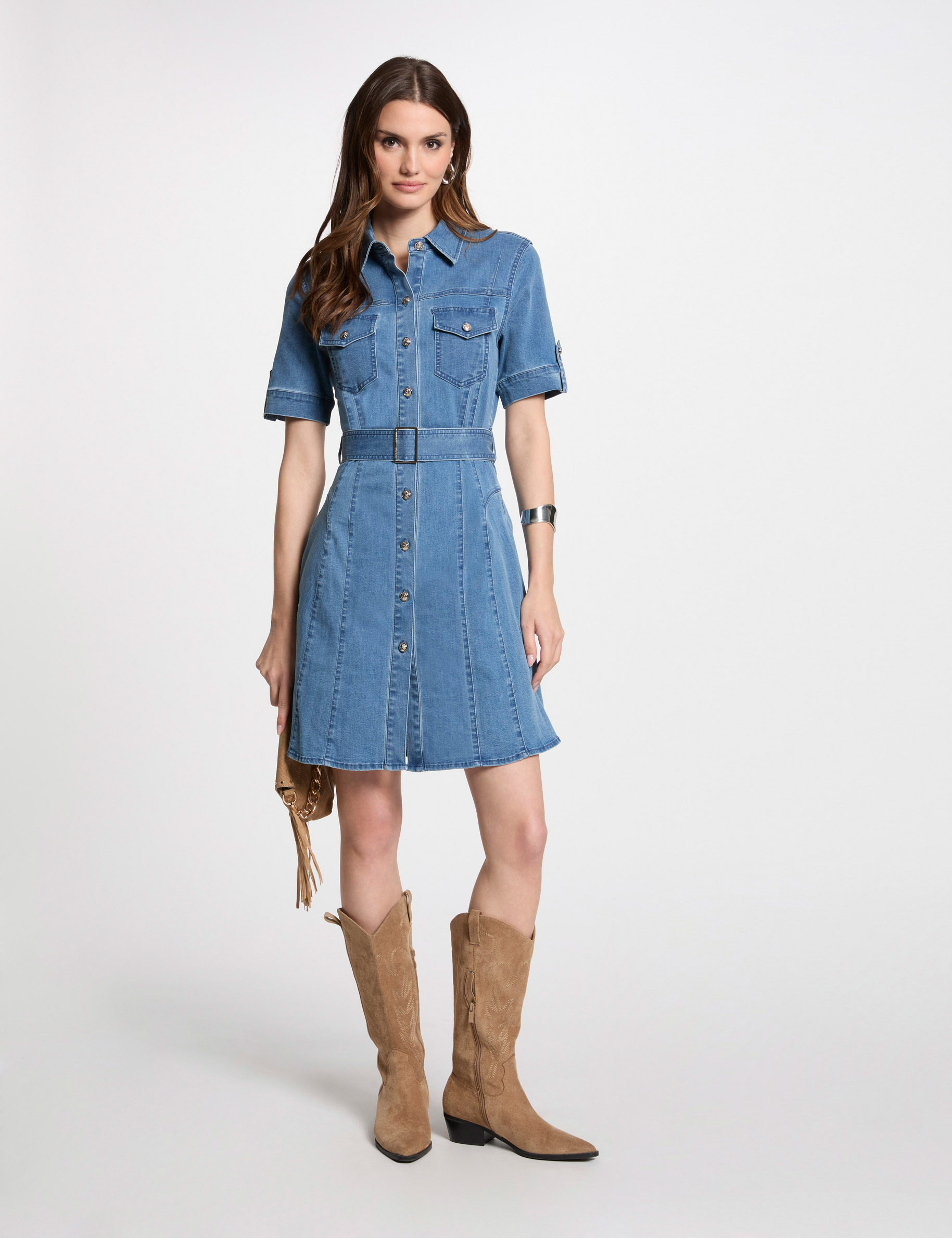 Robe courte patineuse en jean denim stone femme