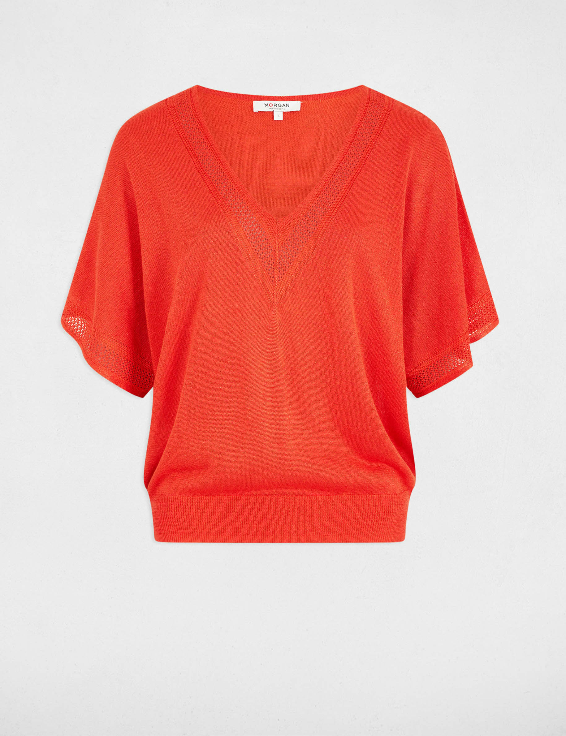 Pull col en V manches courtes orange foncé femme