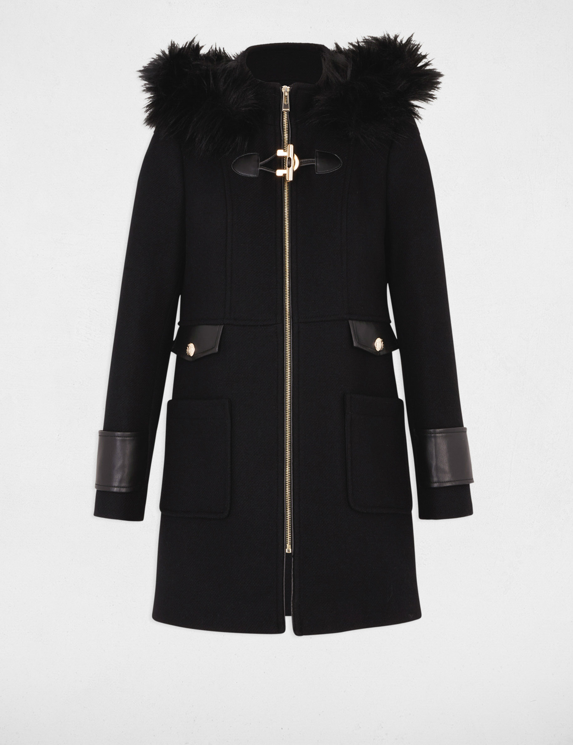 Manteau détails simili cuir noir femme