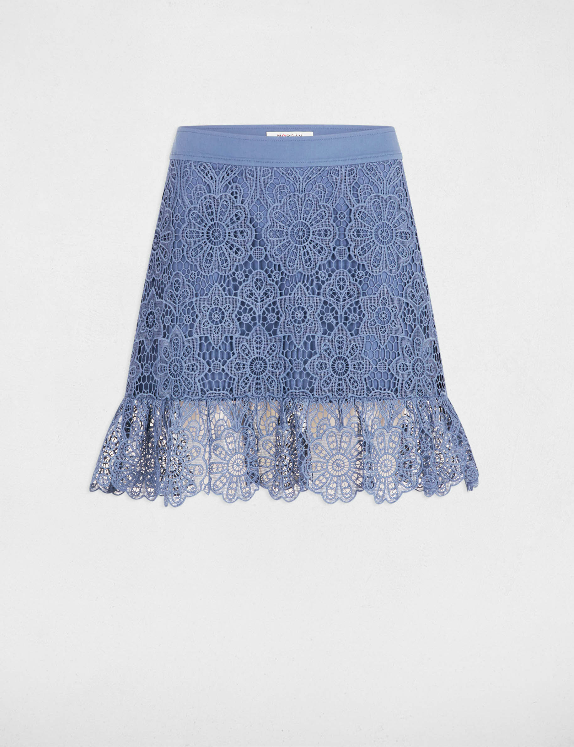 Jupe courte dentelle volants bleu gris femme