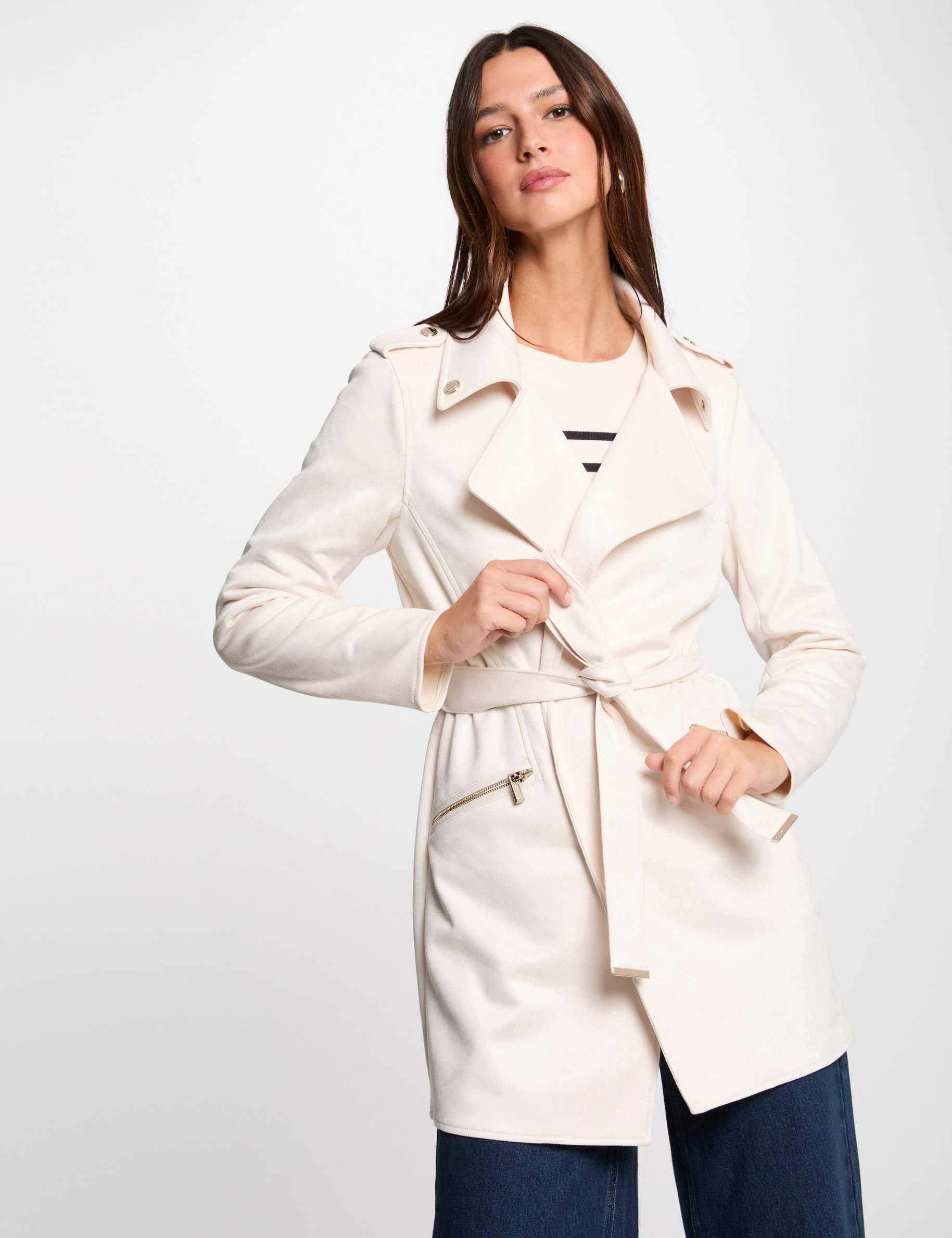 Manteau long ceinturé suédine ivoire femme