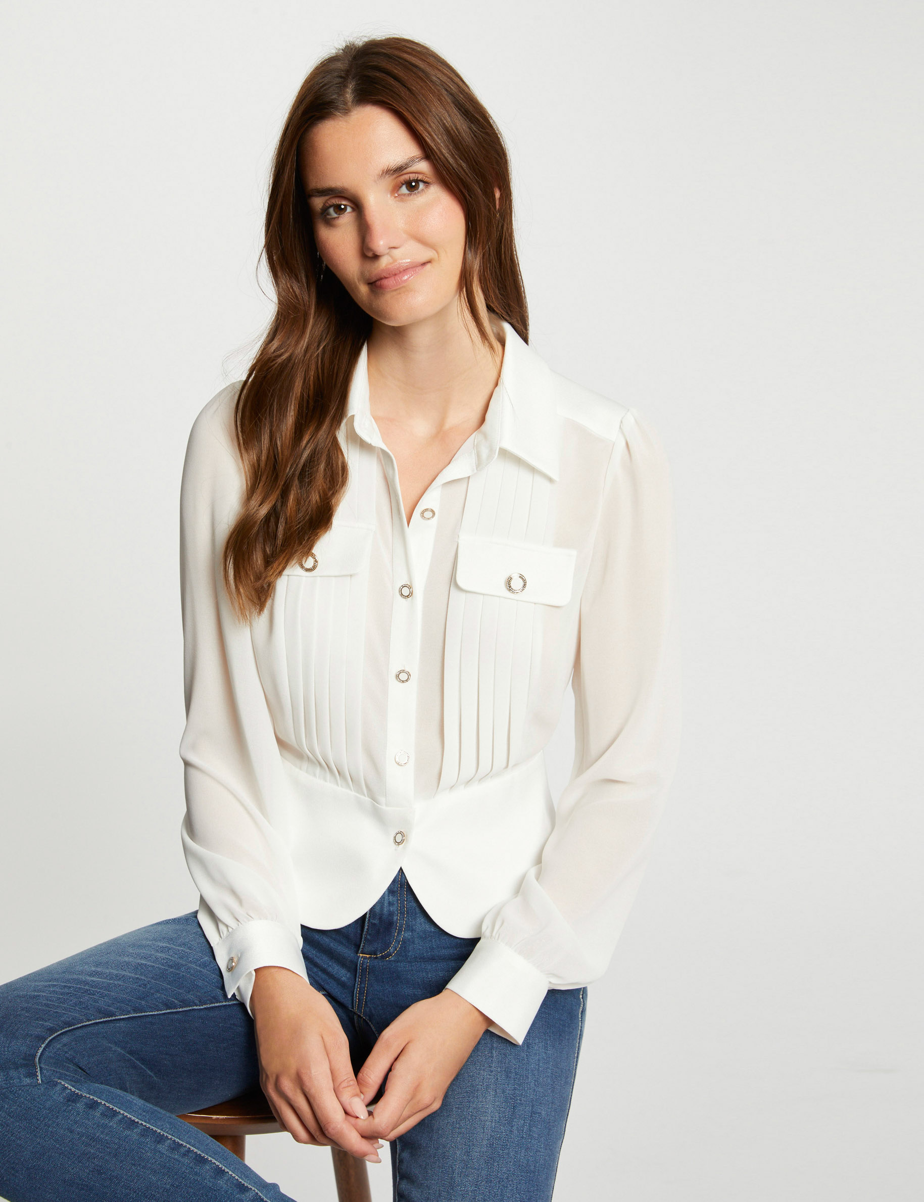 Bluse mit langen Ärmeln und Falten elfenbein damen