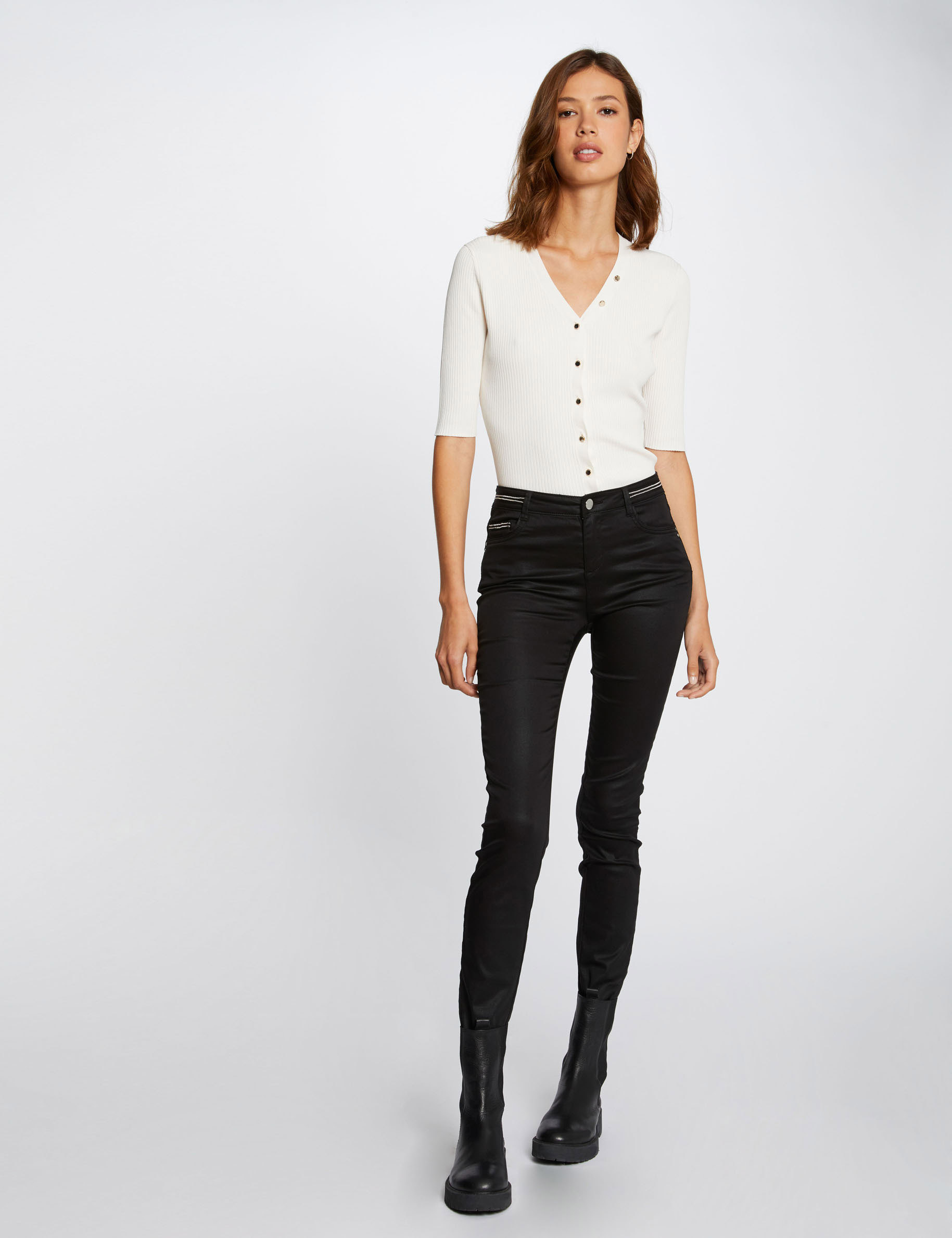 Pantalon slim enduit noir femme