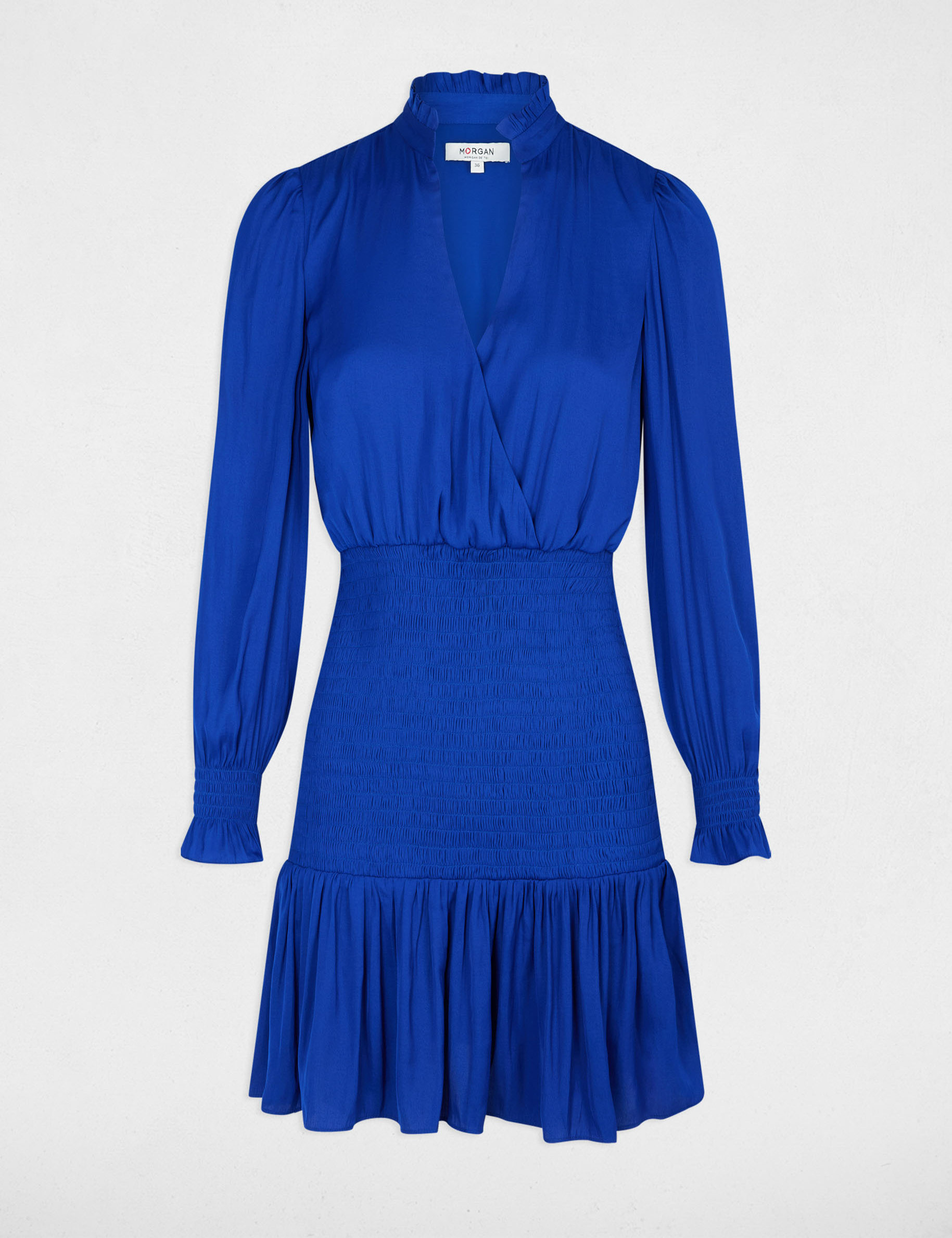 Robe courte ajustée smockée bleu electrique femme