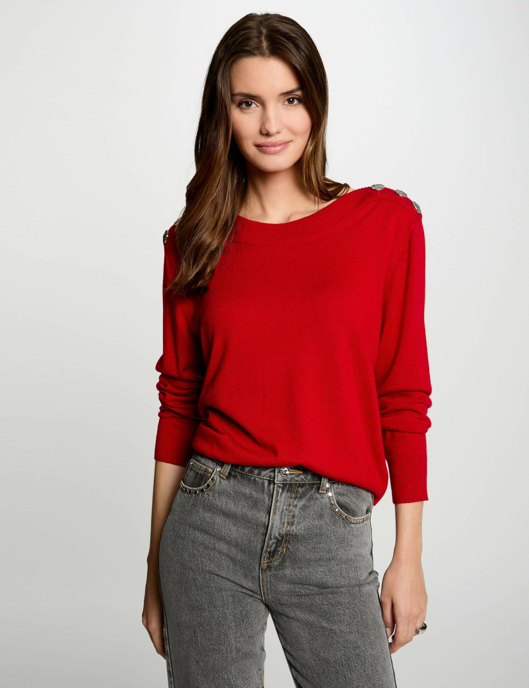 Pull col bateau avec boutons rouge femme