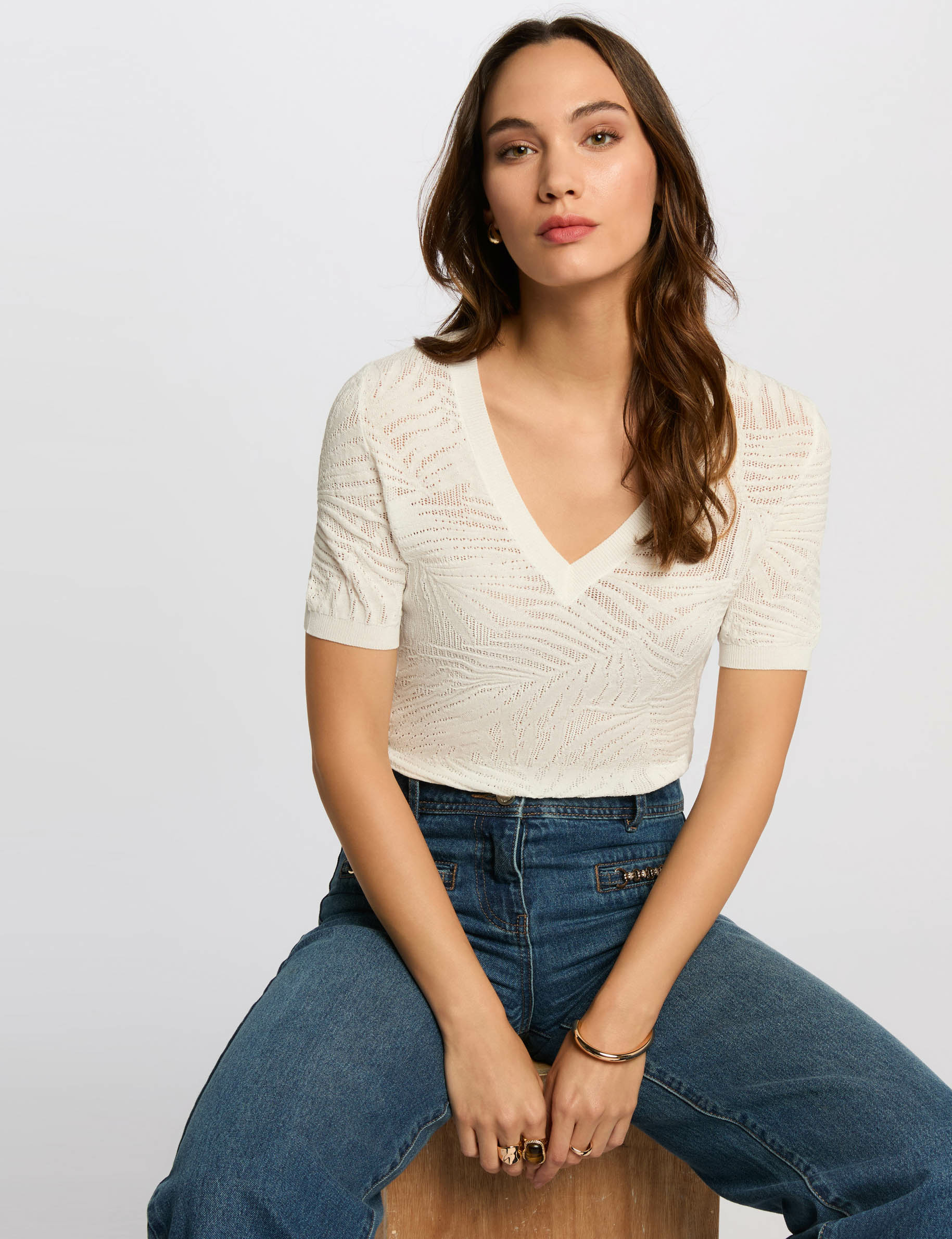 Pull manches courtes ajouré blanc femme