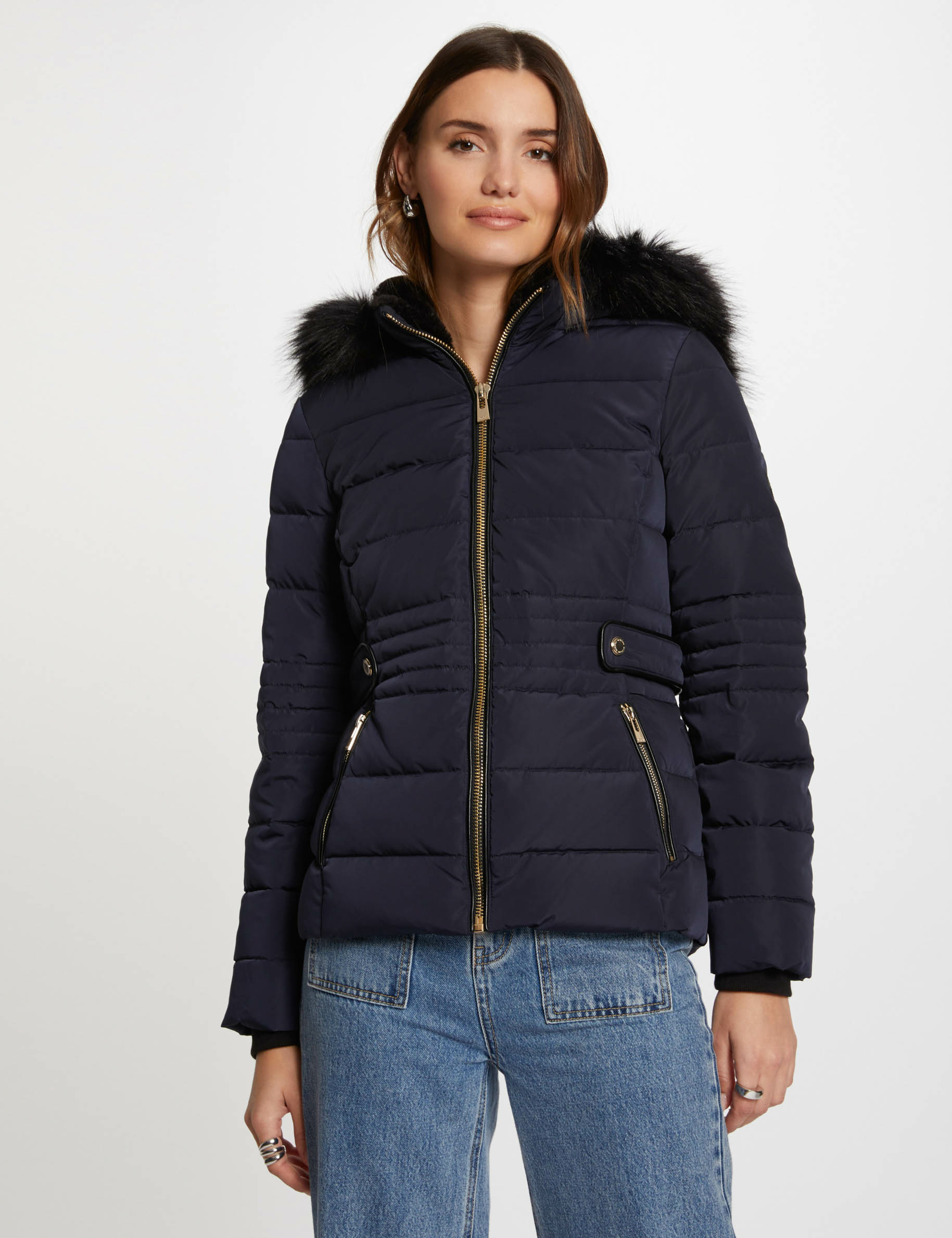 Durchgehende Kapuzen-Daunenjacke marine damen