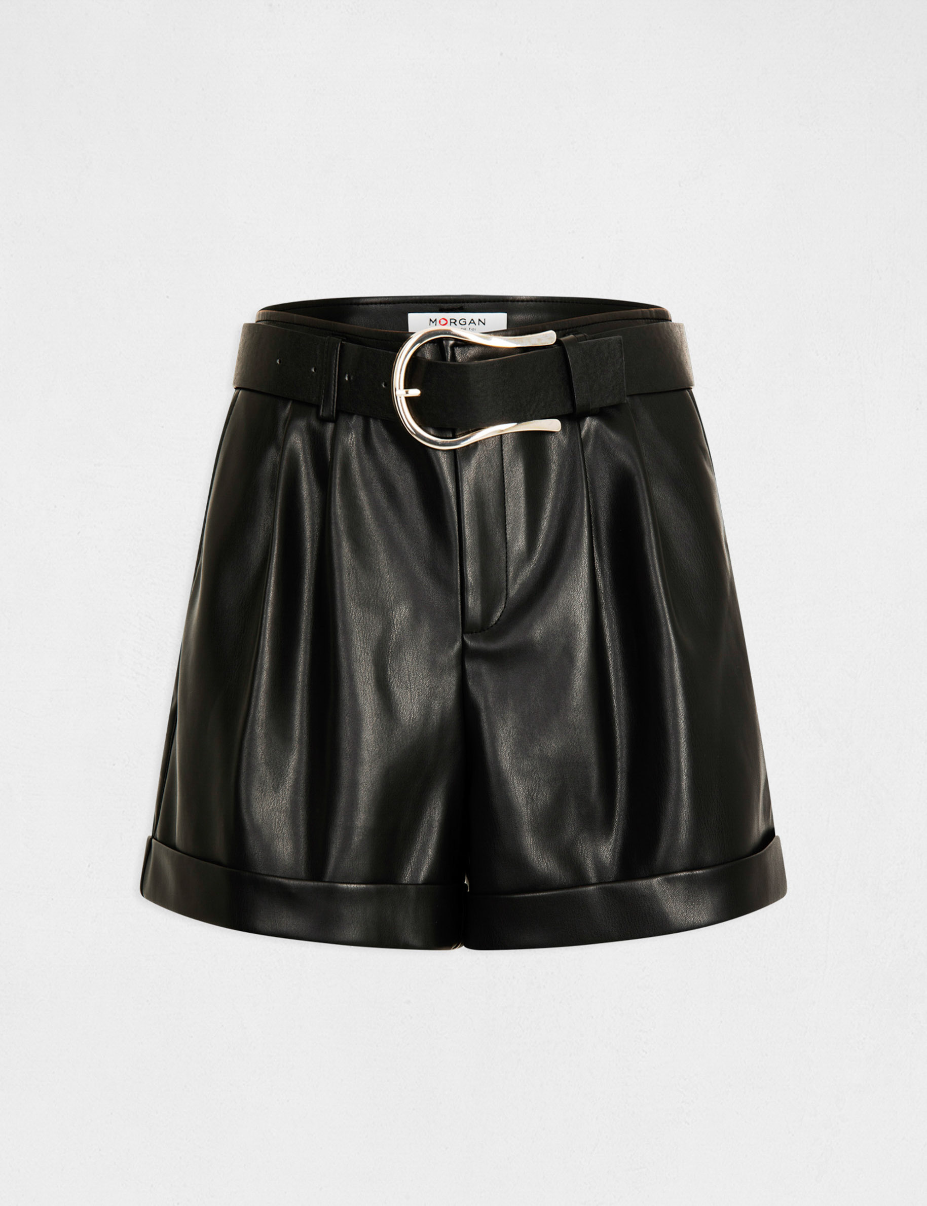 Short paperbag ceinturé simili cuir noir femme