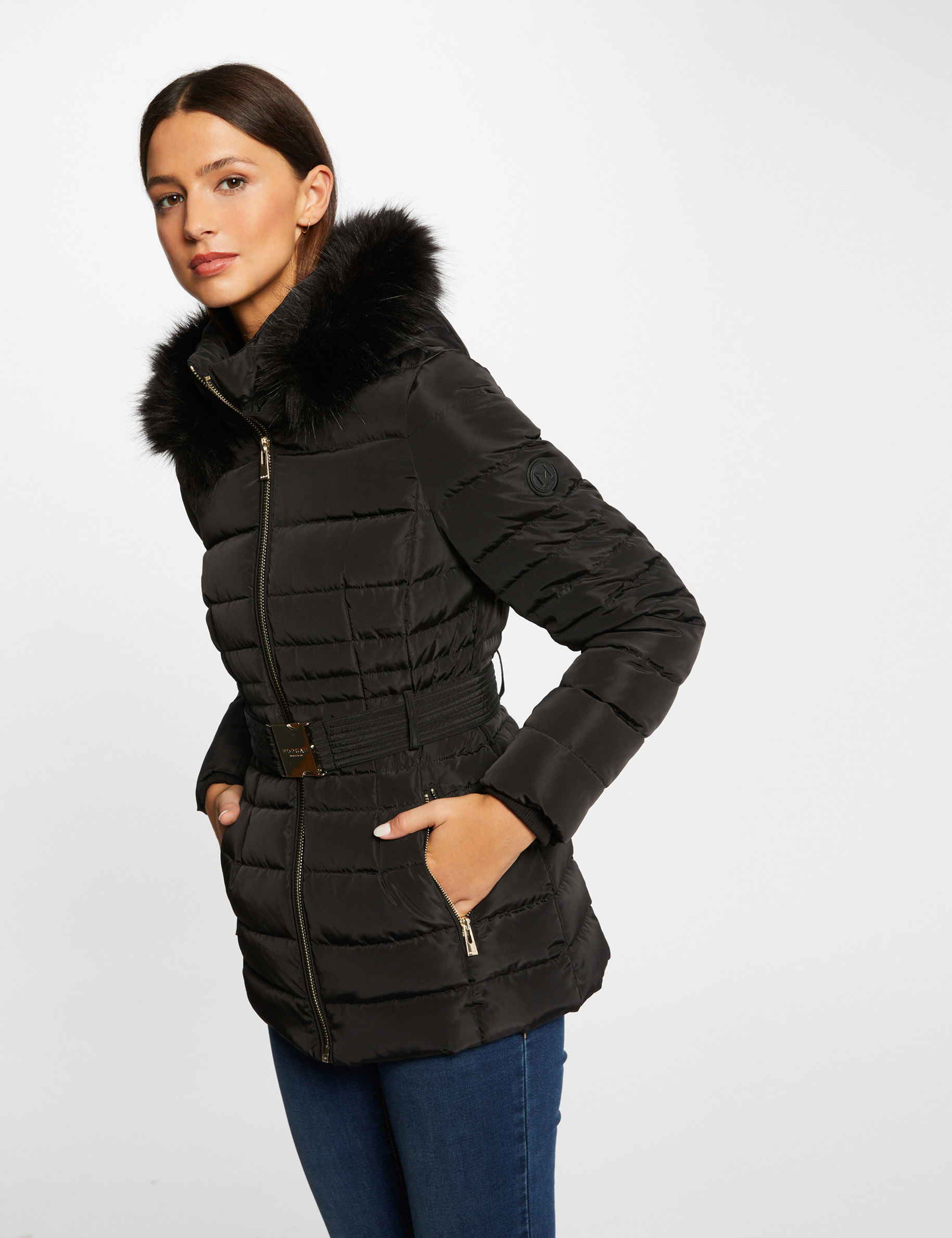 Taillierte Daunenjacke mit Kapuze schwarz damen