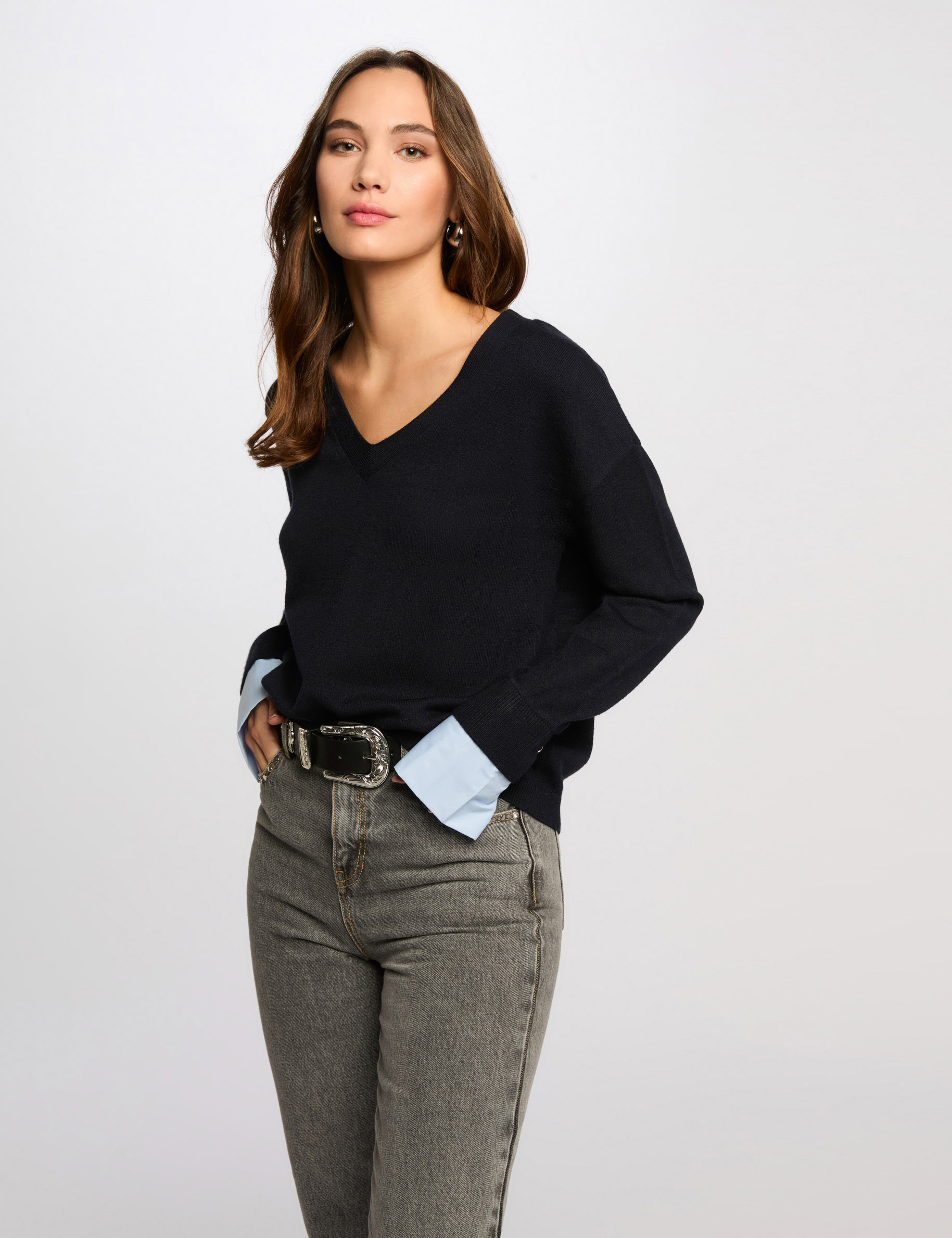 Pull col en V bleu marine femme