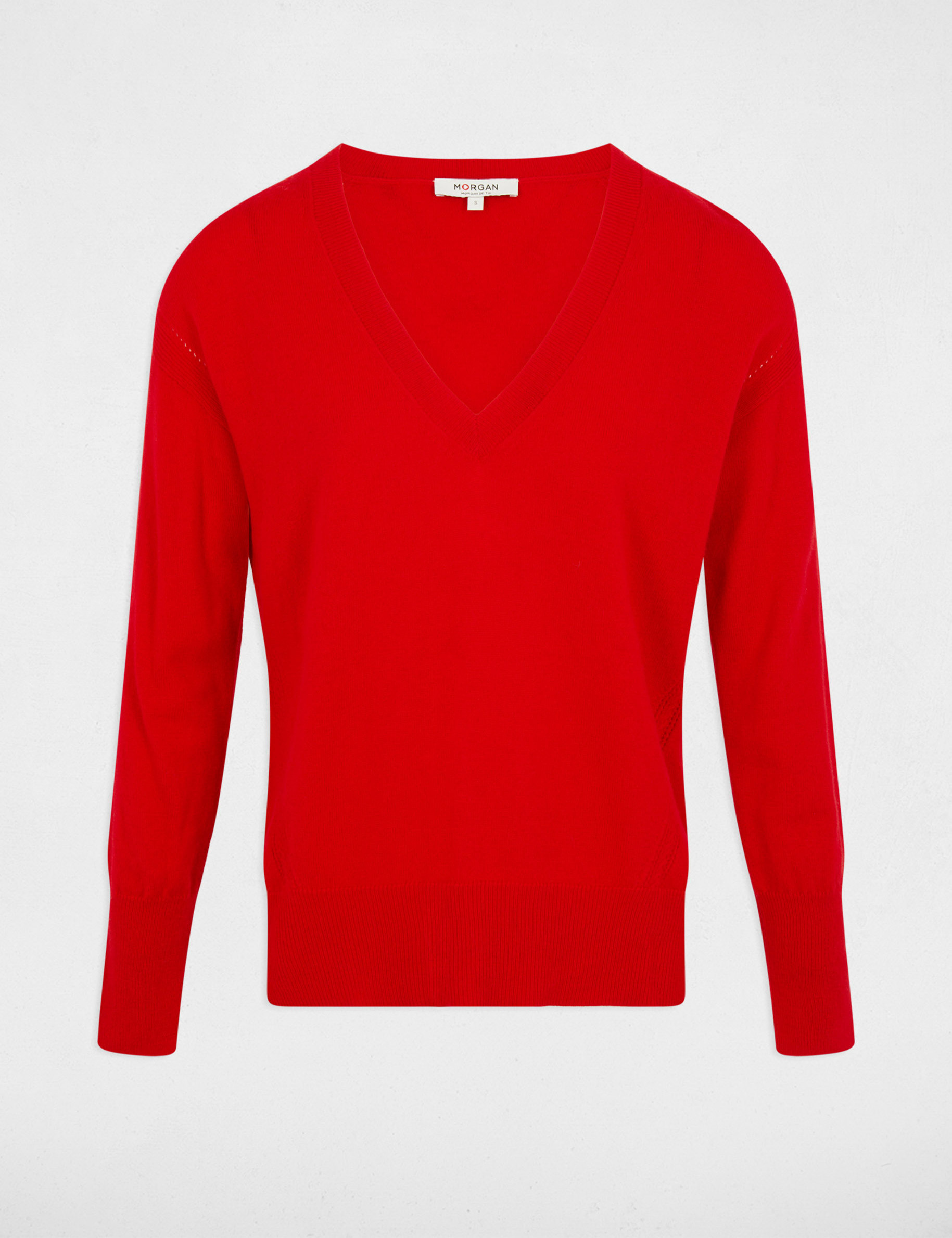 Pull col en V manches longues rouge femme