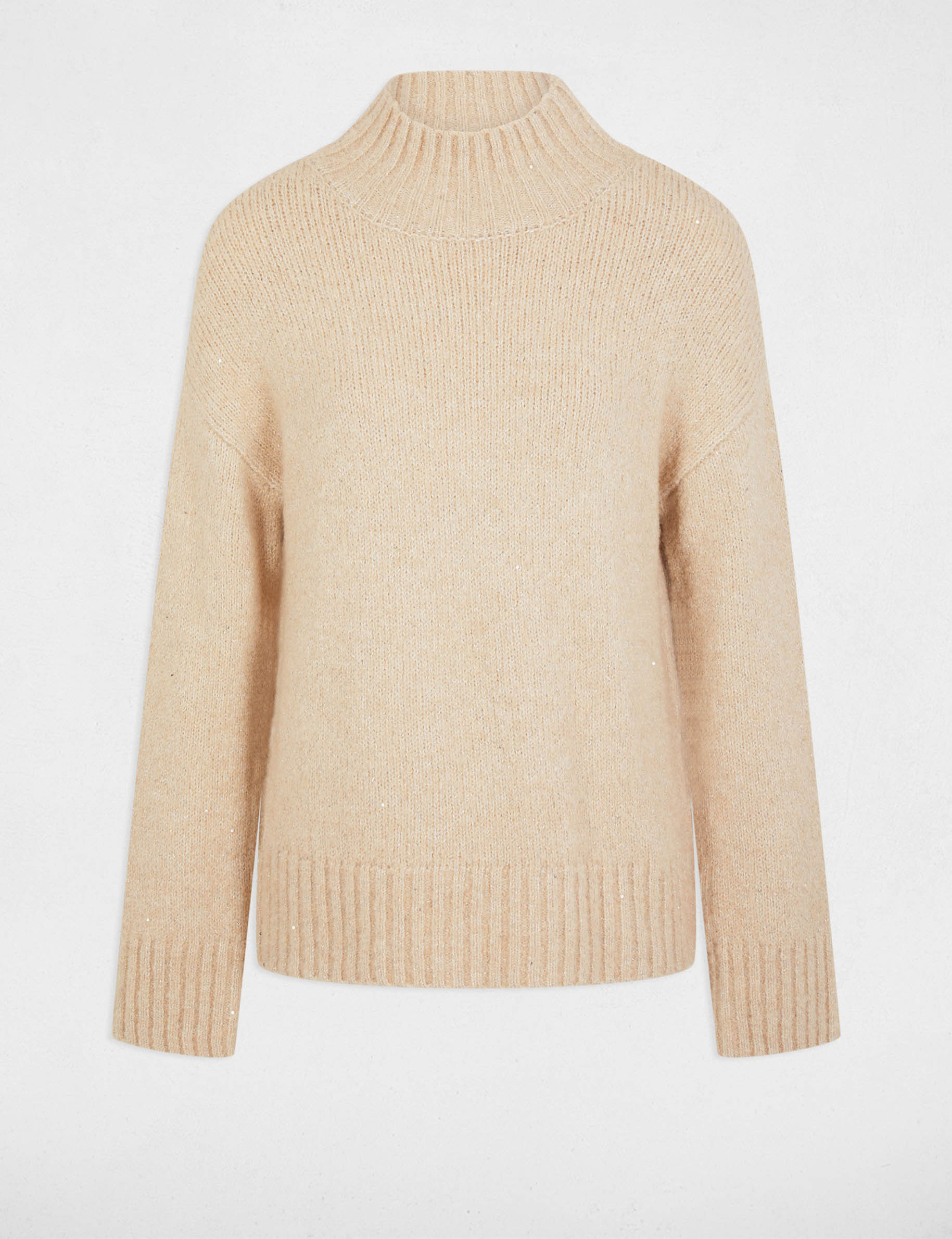 Pull col montant et sequins beige femme