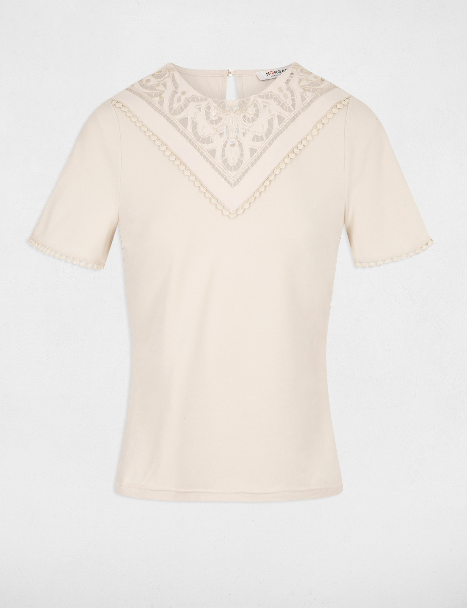 T-shirt manches courtes brodé beige clair femme