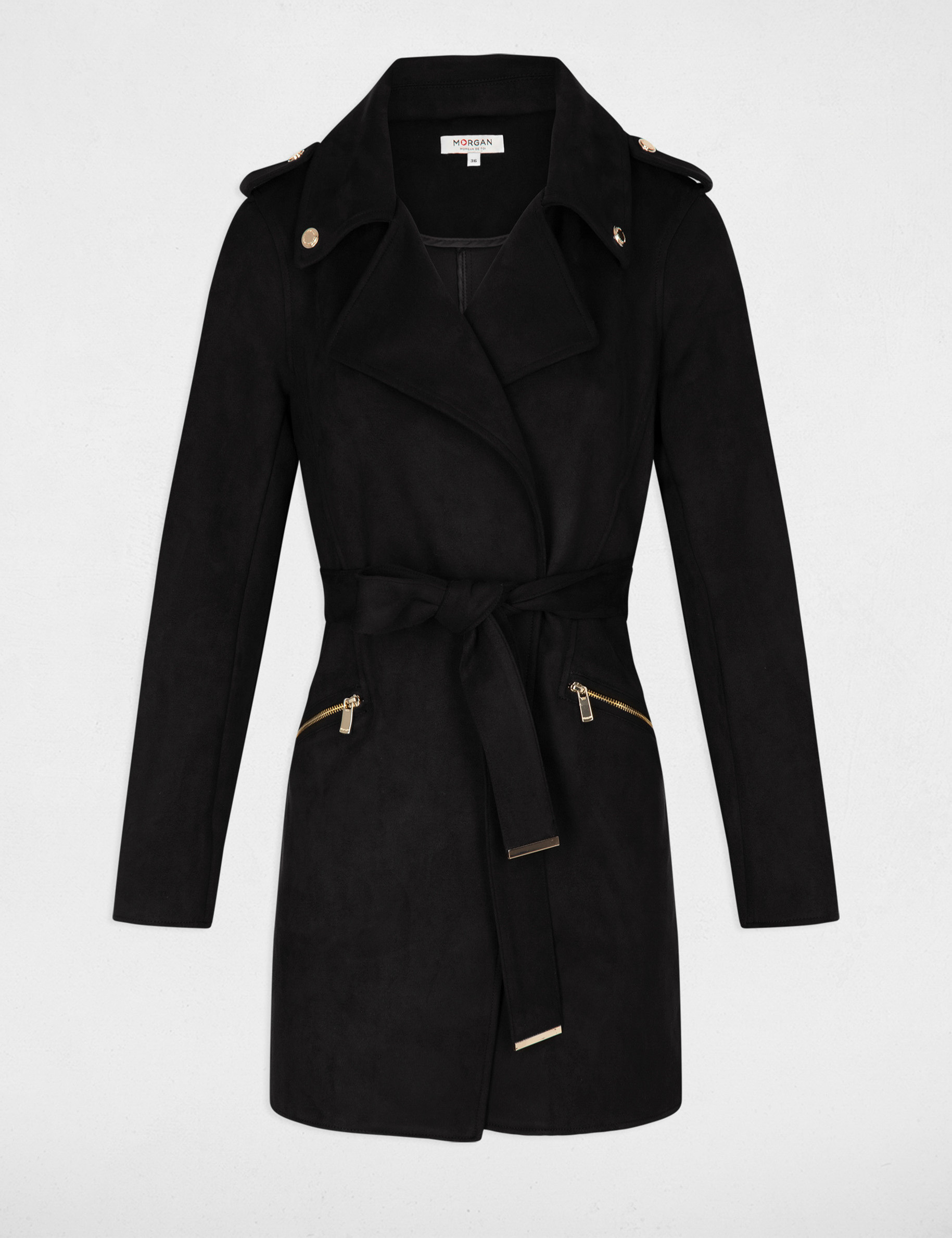 Manteau long ceinturé suédine noir femme