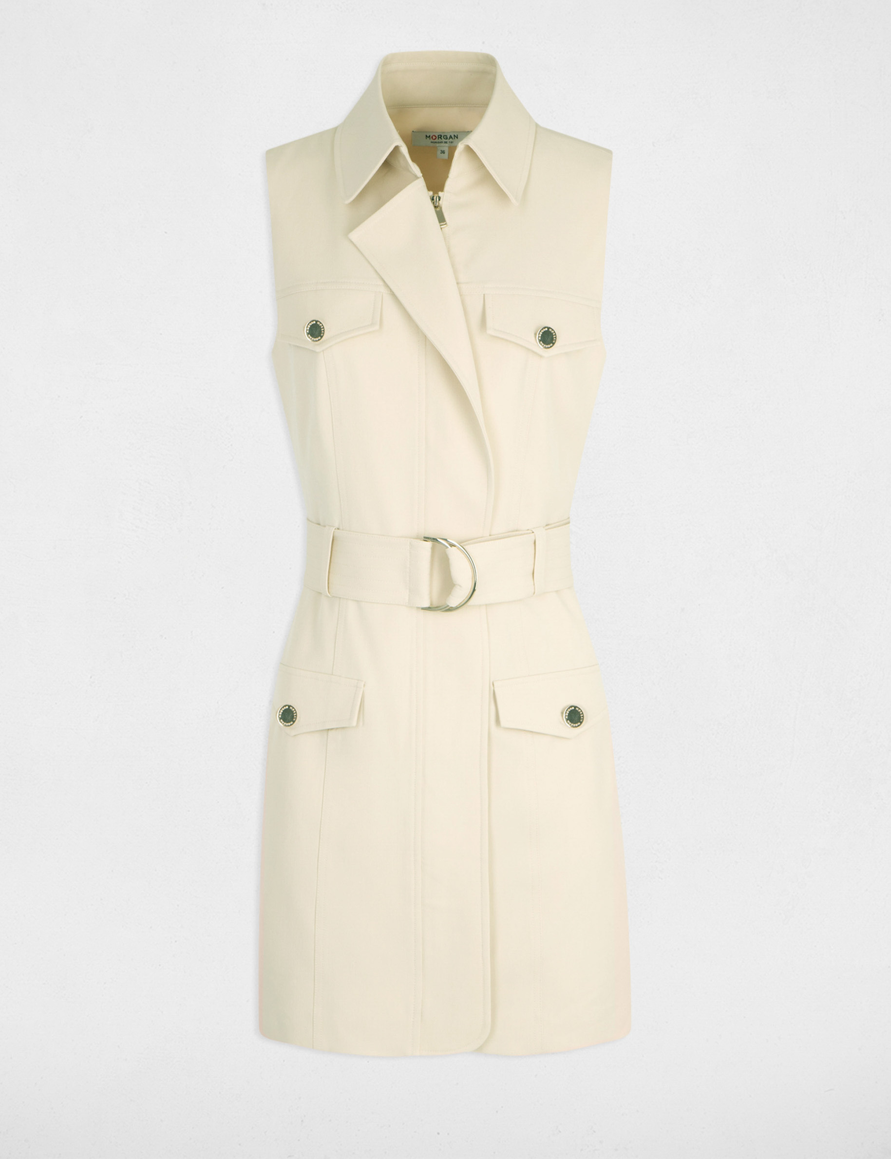 Robe cintrée zippée ceinturée beige clair femme