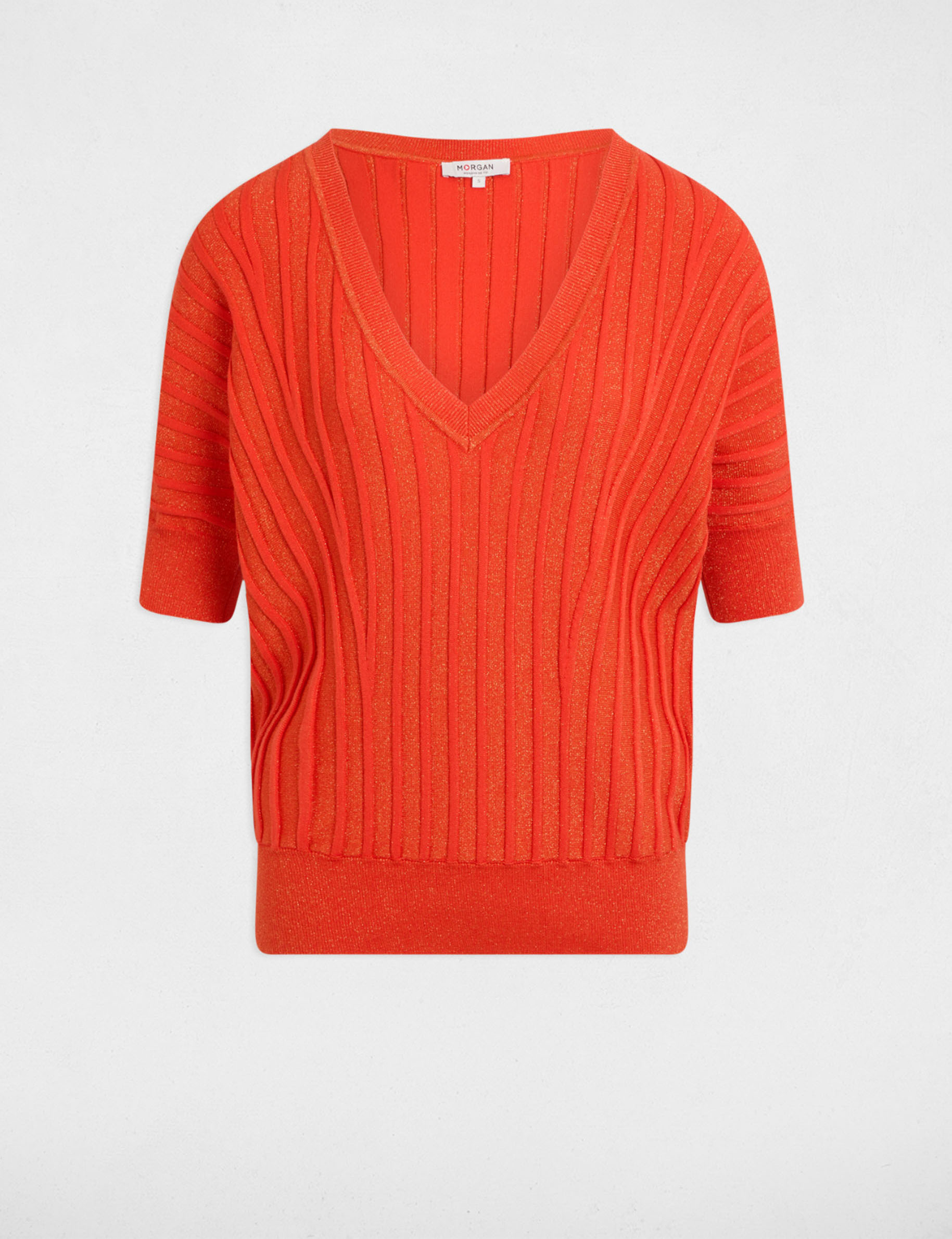 Pull manches 3/4 col en V orange foncé femme