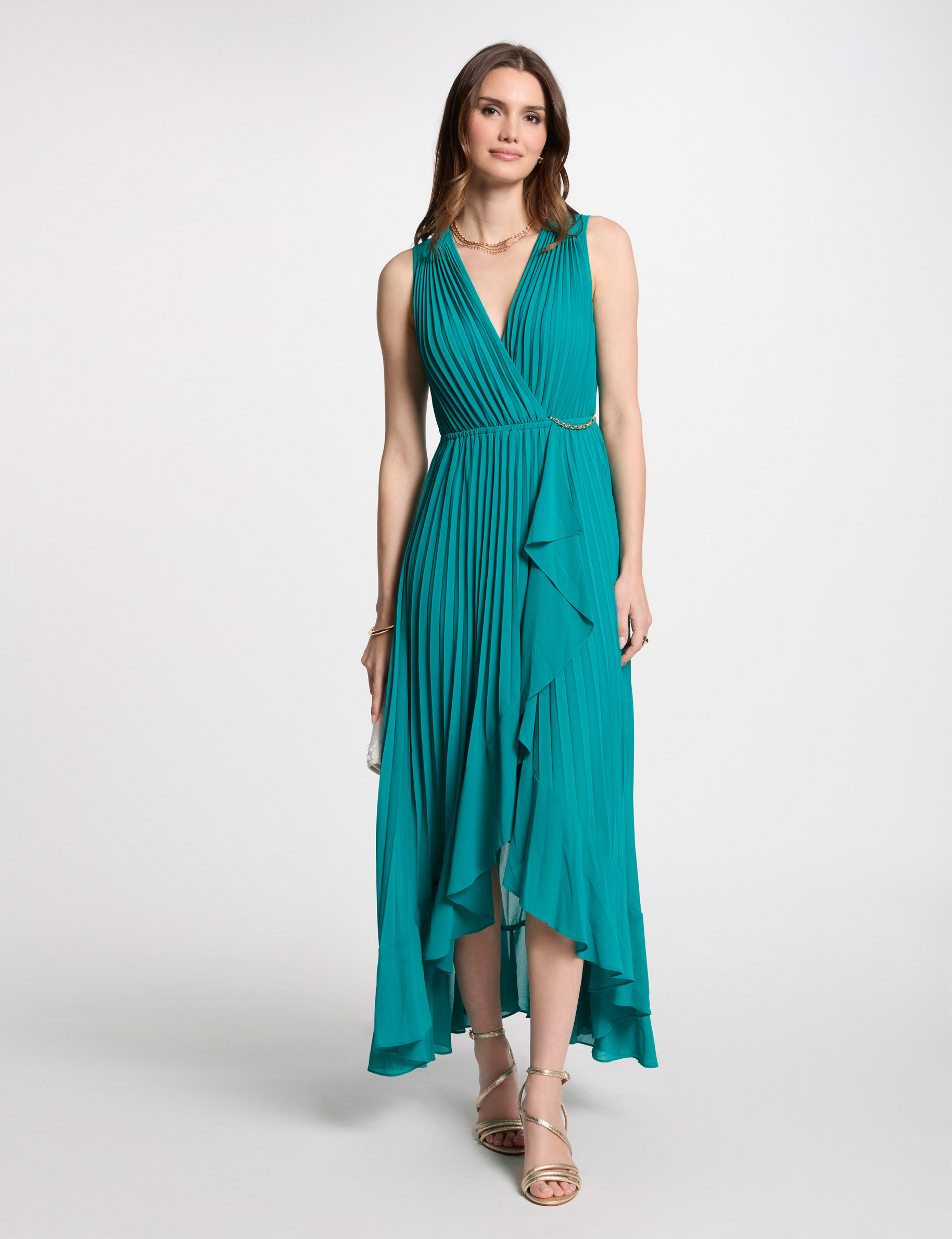 Robe longue fluide plissée bleu turquoise femme