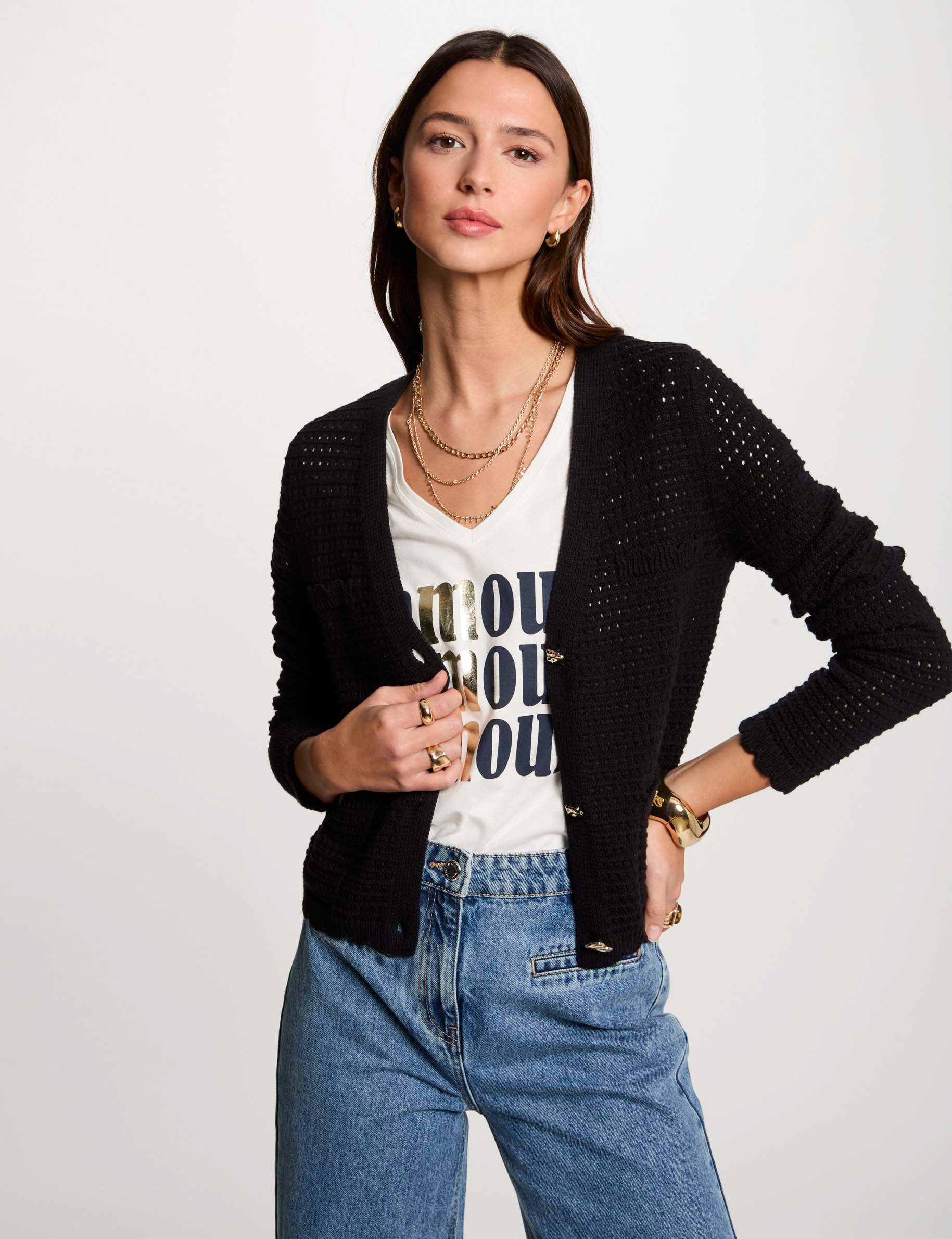 Langer Cardigan mit Lochmuster schwarz damen