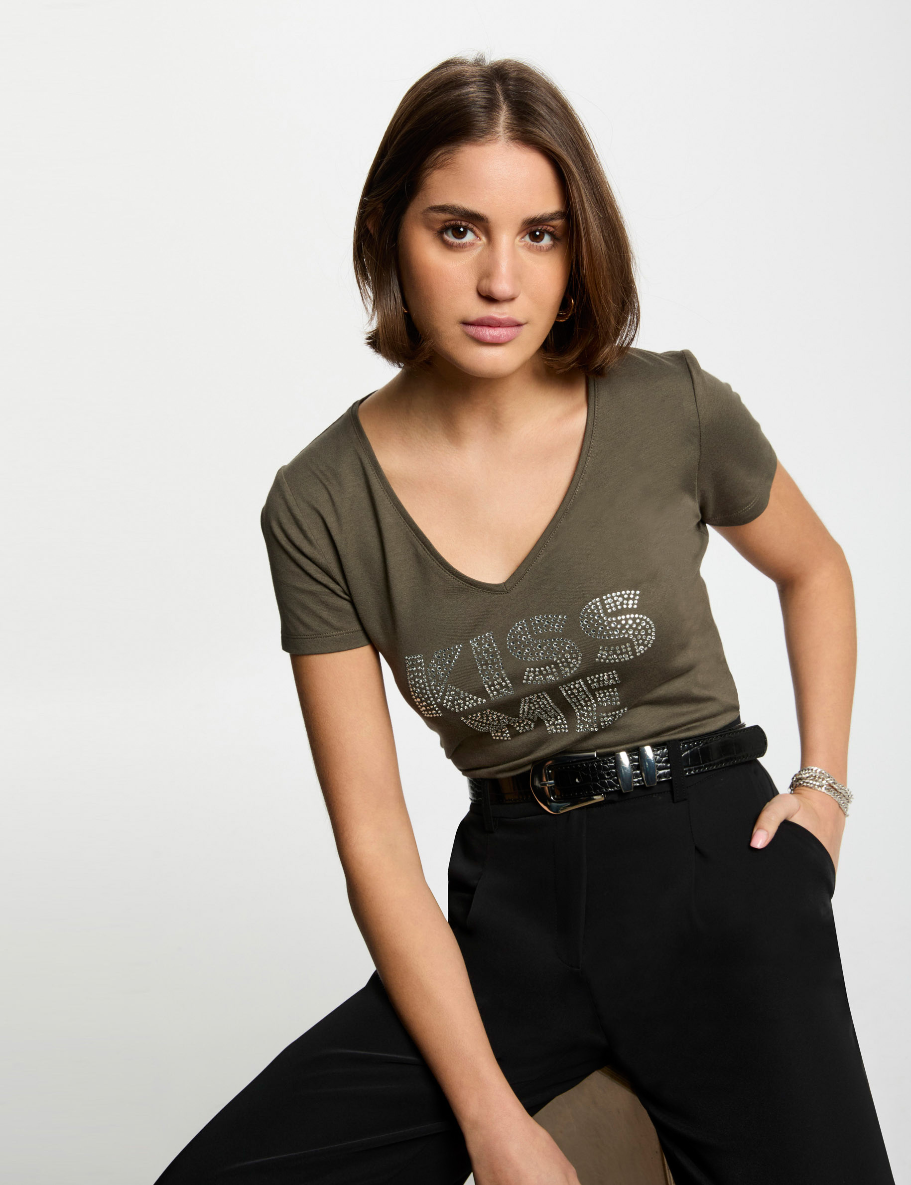 T-Shirt mit Schriftzug khakigrün damen