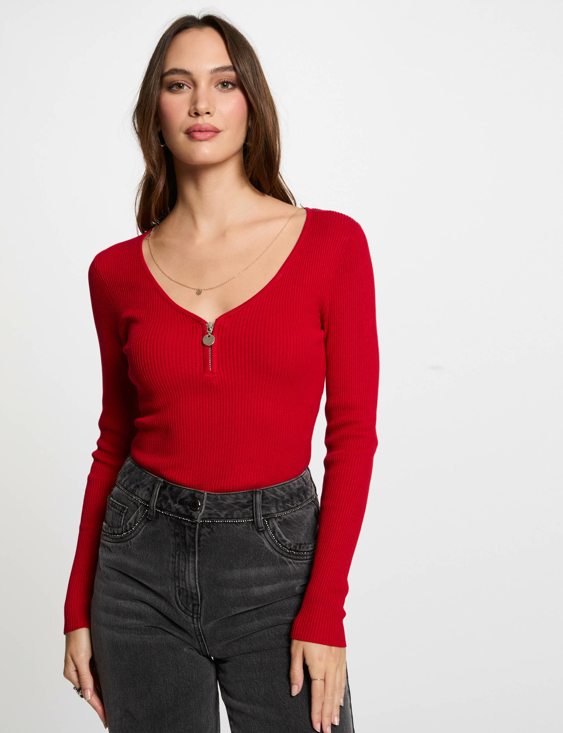 Pull manches longues côtelé détail zippé rouge femme