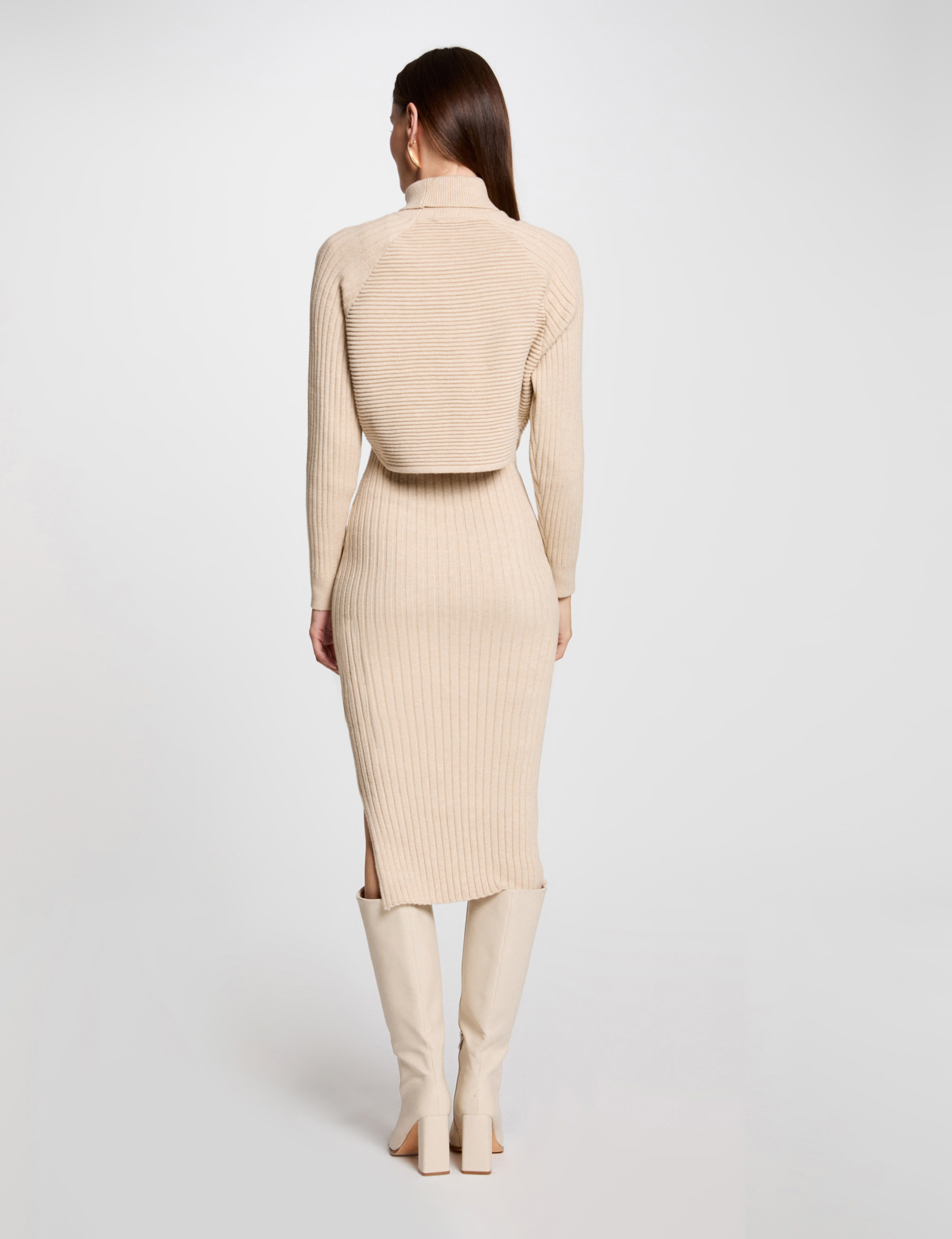 Robe pull midi ajustée effet 2-en-1 beige femme