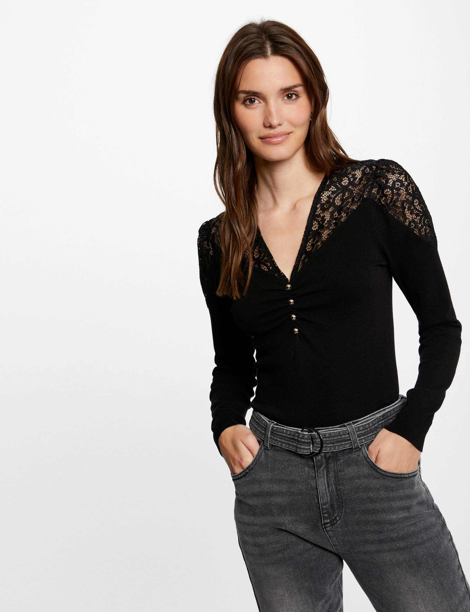 Pull manches longues à dentelle noir femme