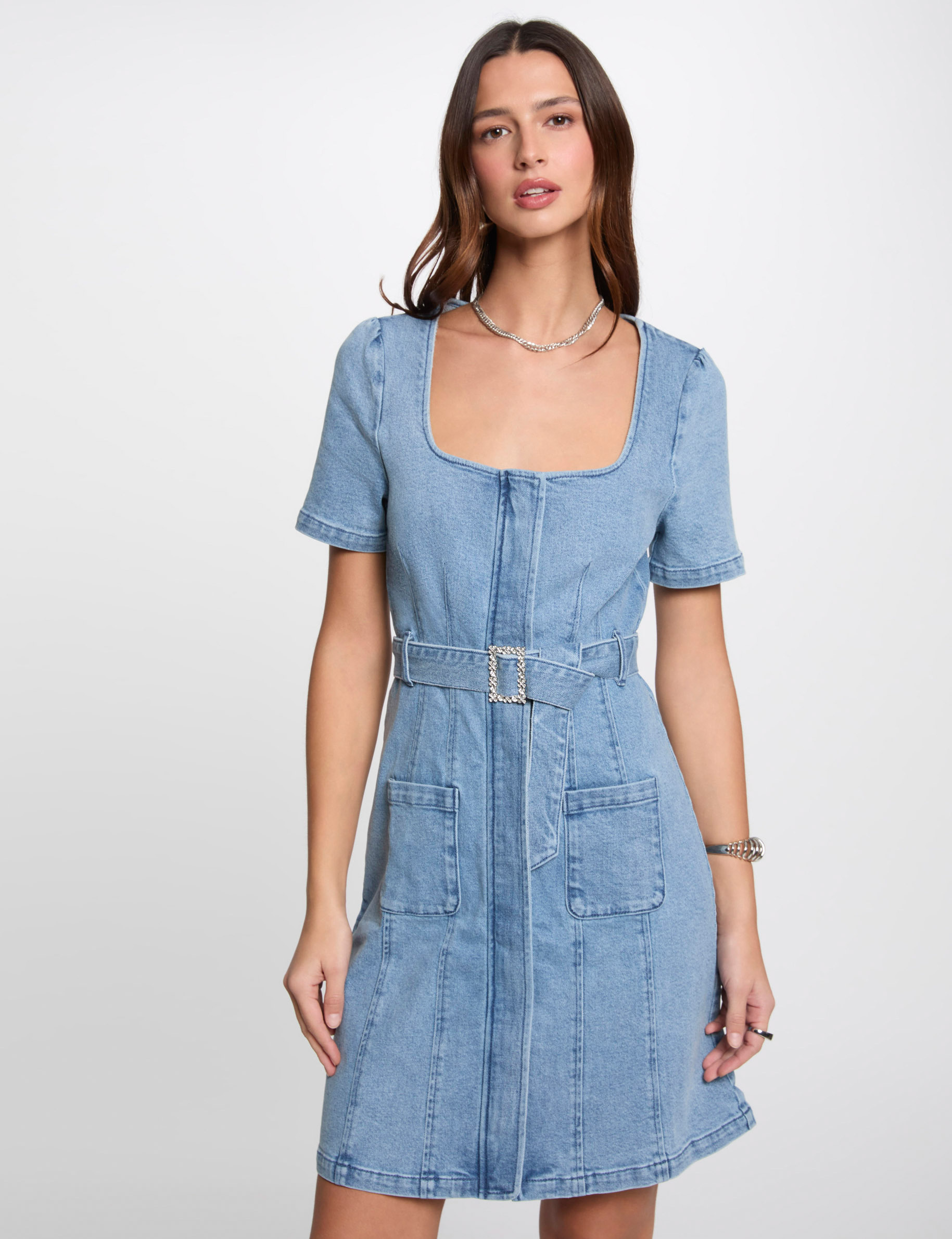 Robe courte droite en jean denim double stone femme