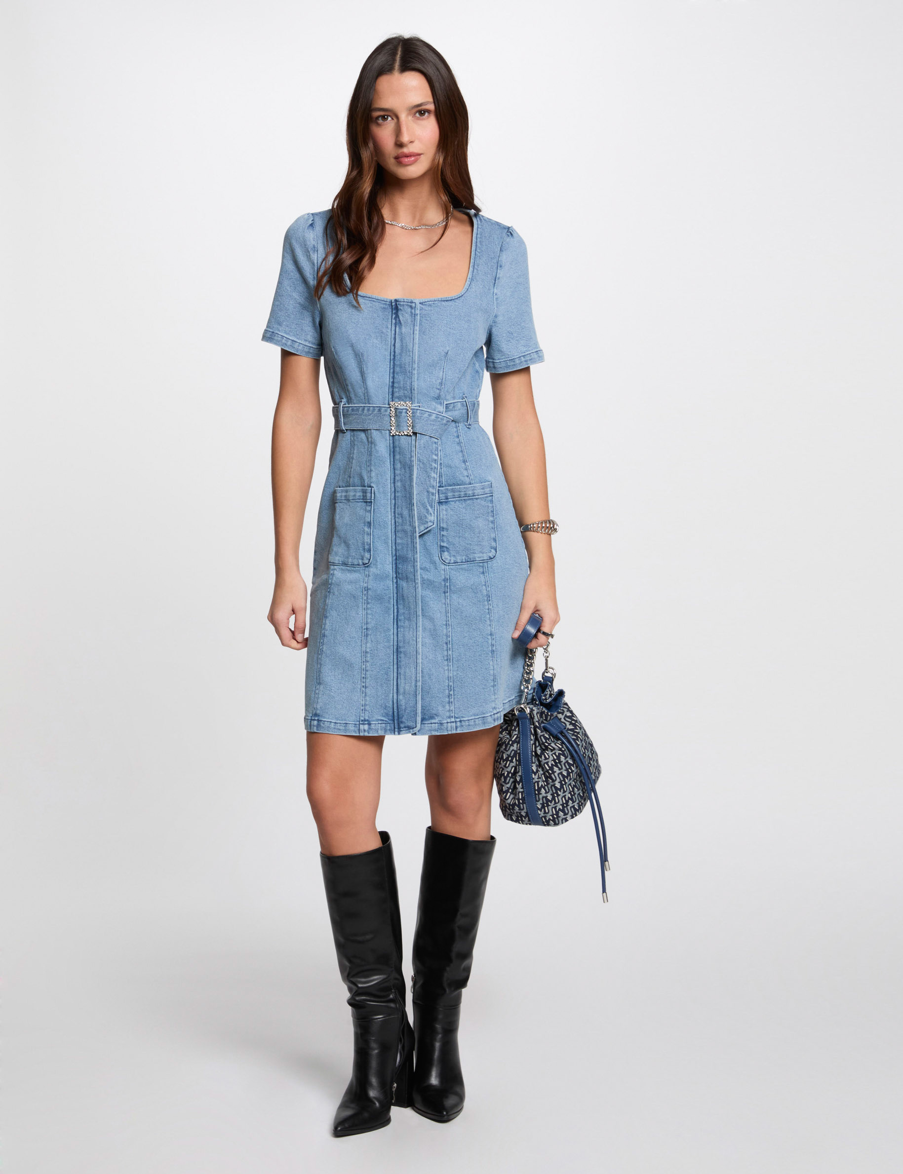 Robe courte droite en jean denim double stone femme