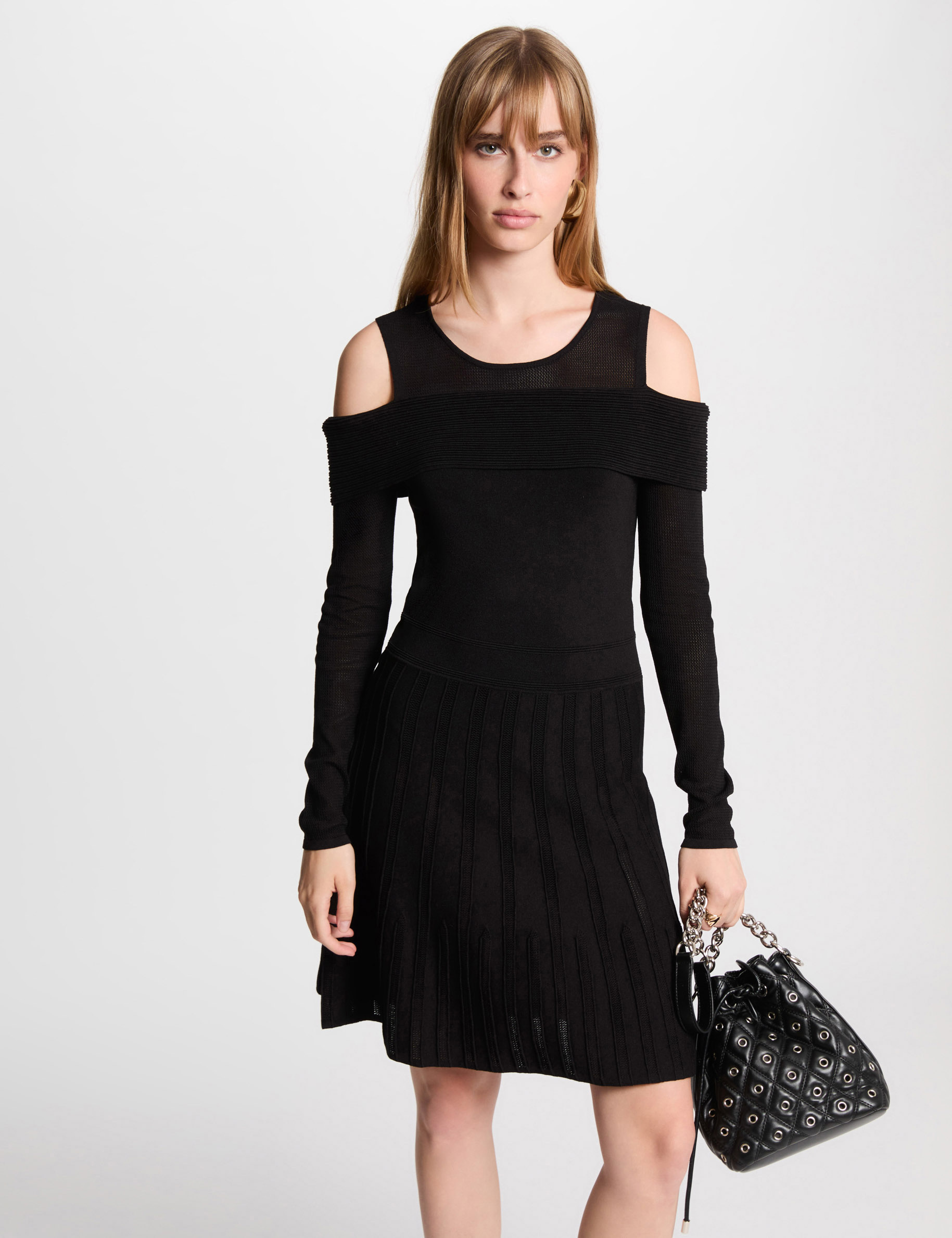 Robe tricot courte trapèze noir femme