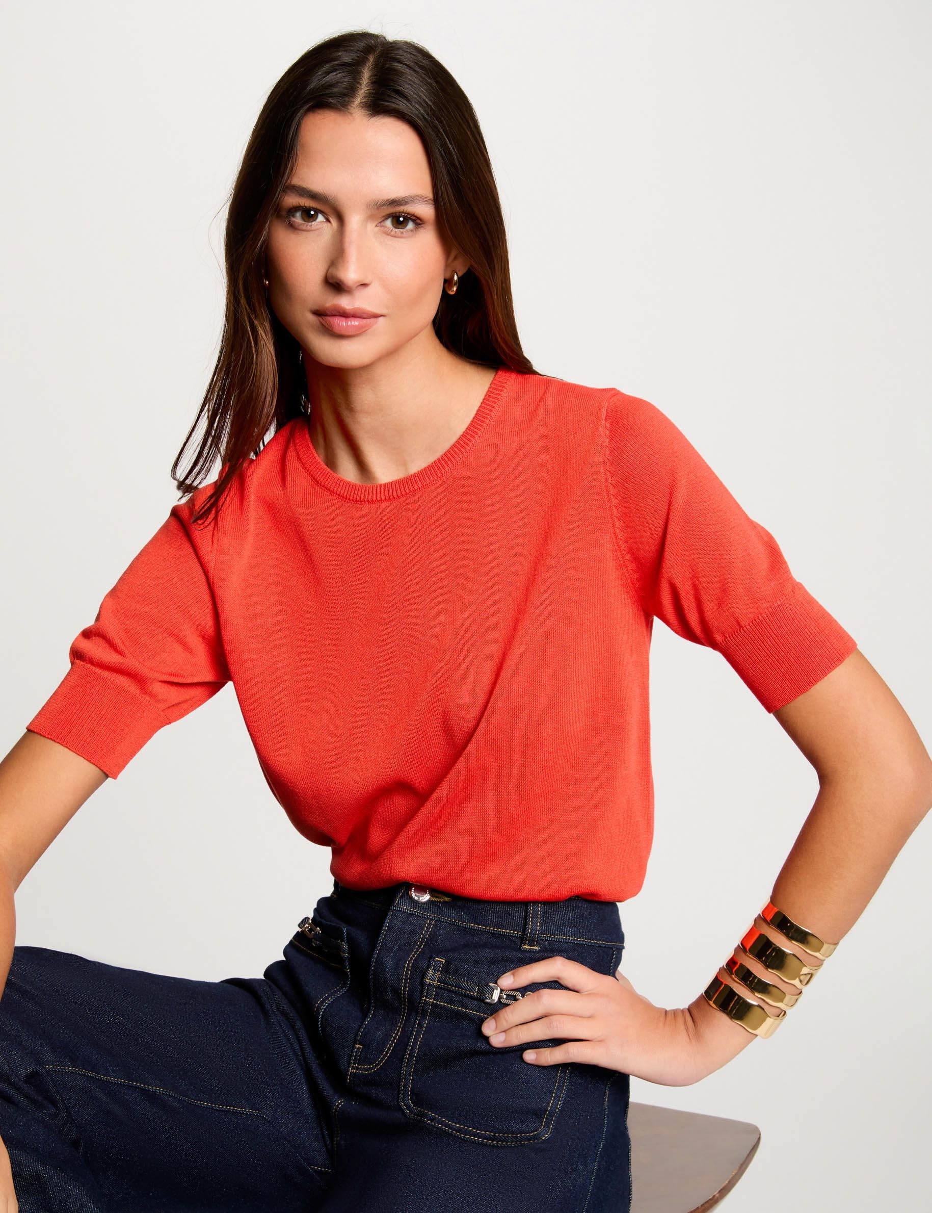 Pull manches courtes orange foncé femme