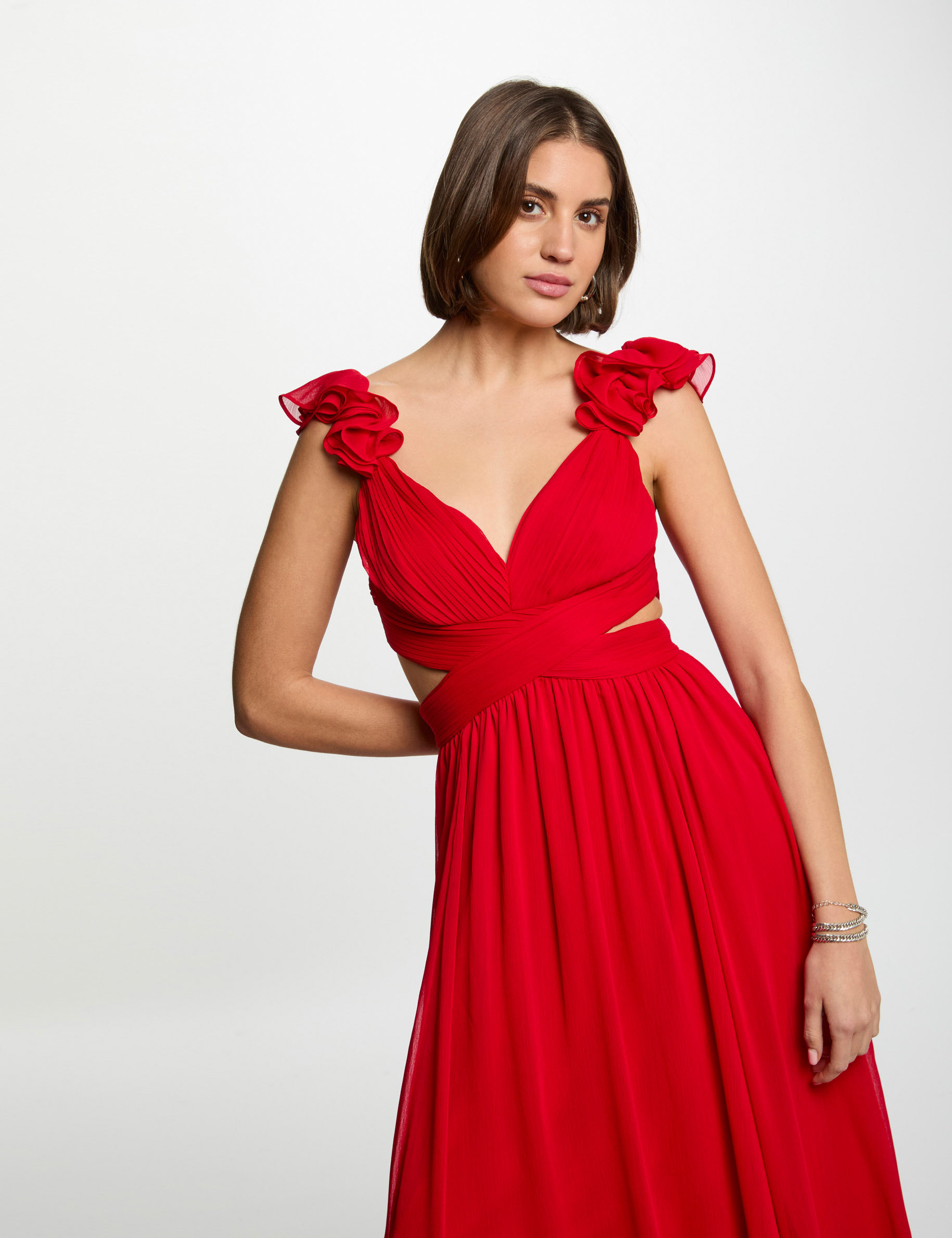 Robe longue droite fluide rouge femme