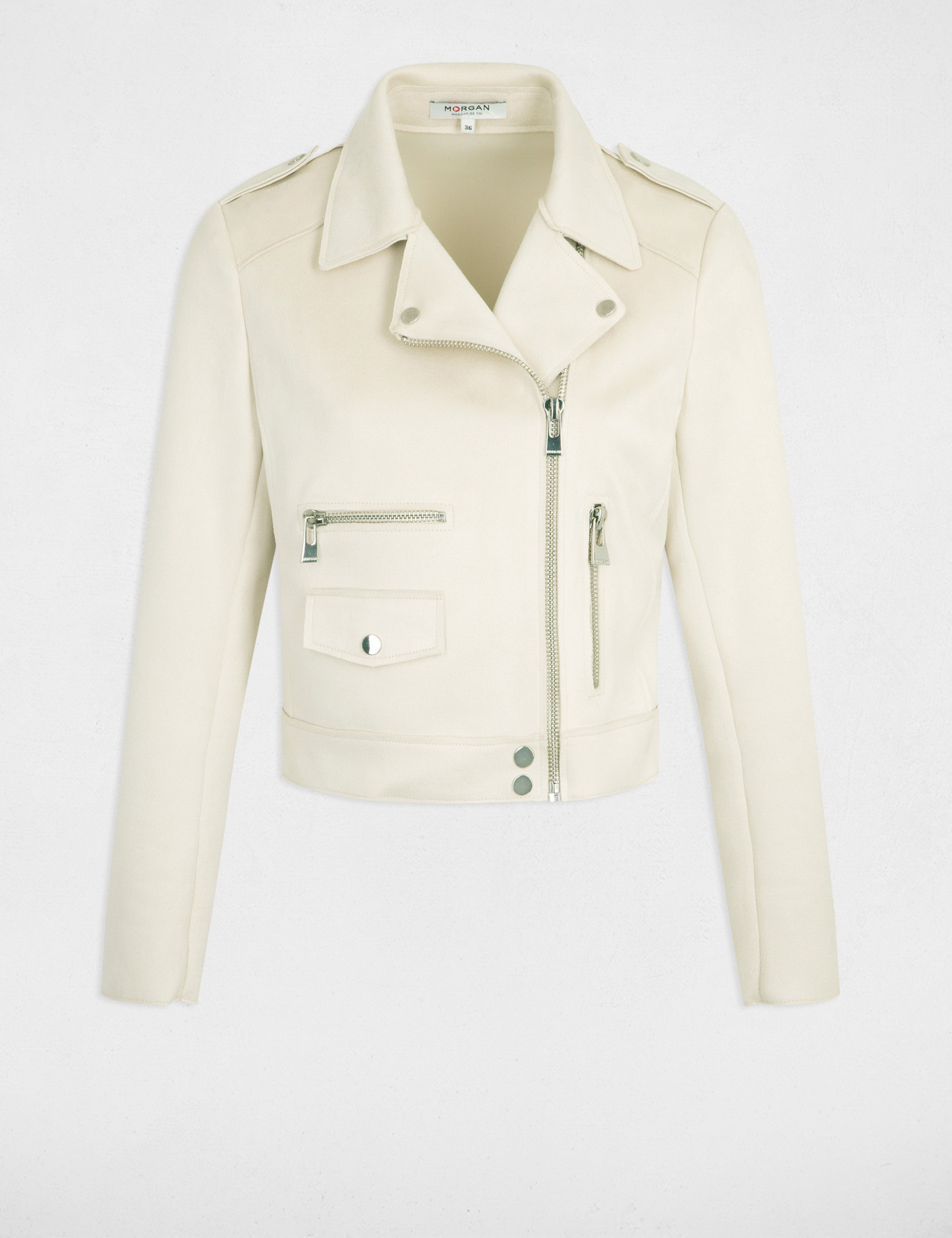 Blouson court zippe suedine beige clair femme