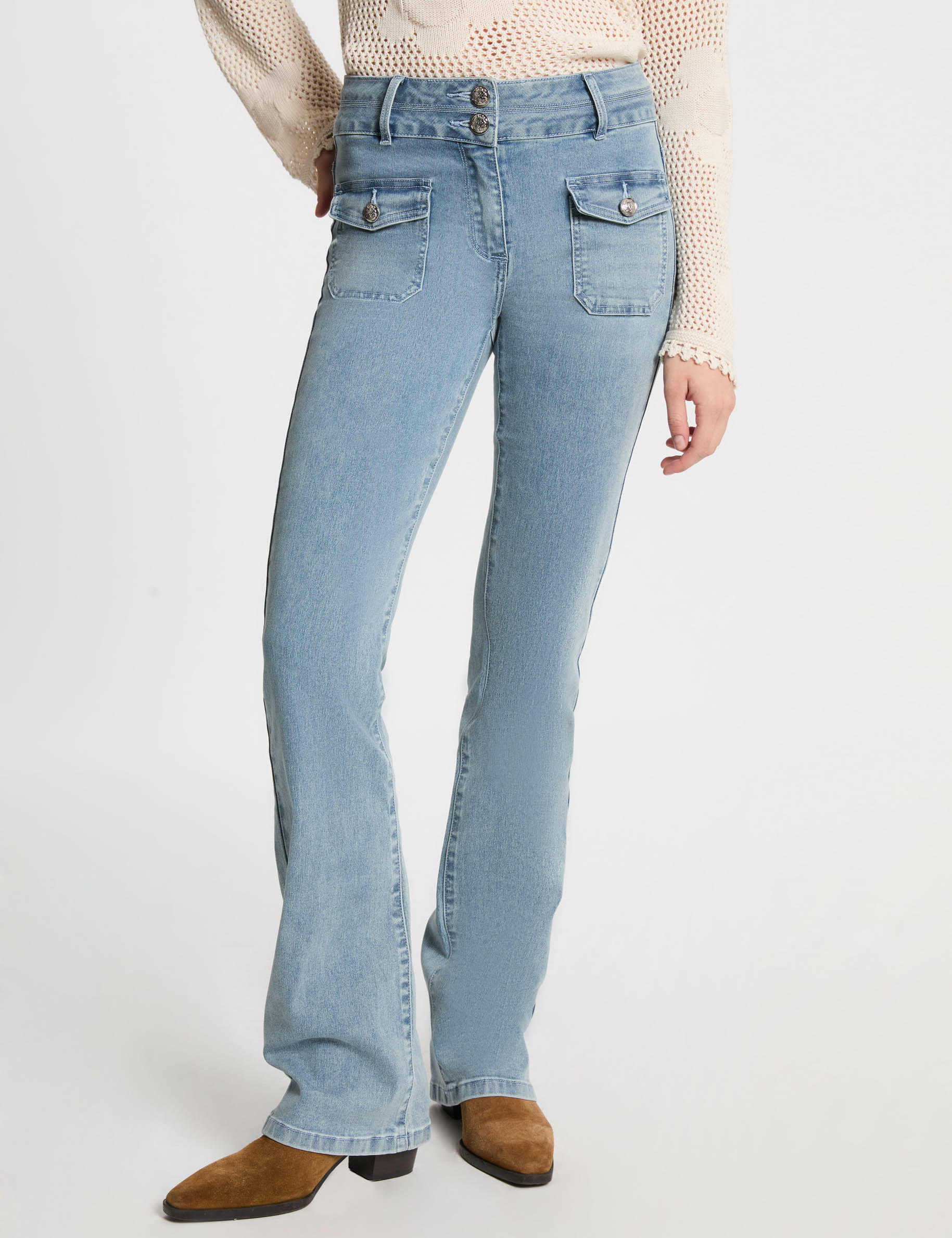 Jeans bootcut taille haute denim bleach femme