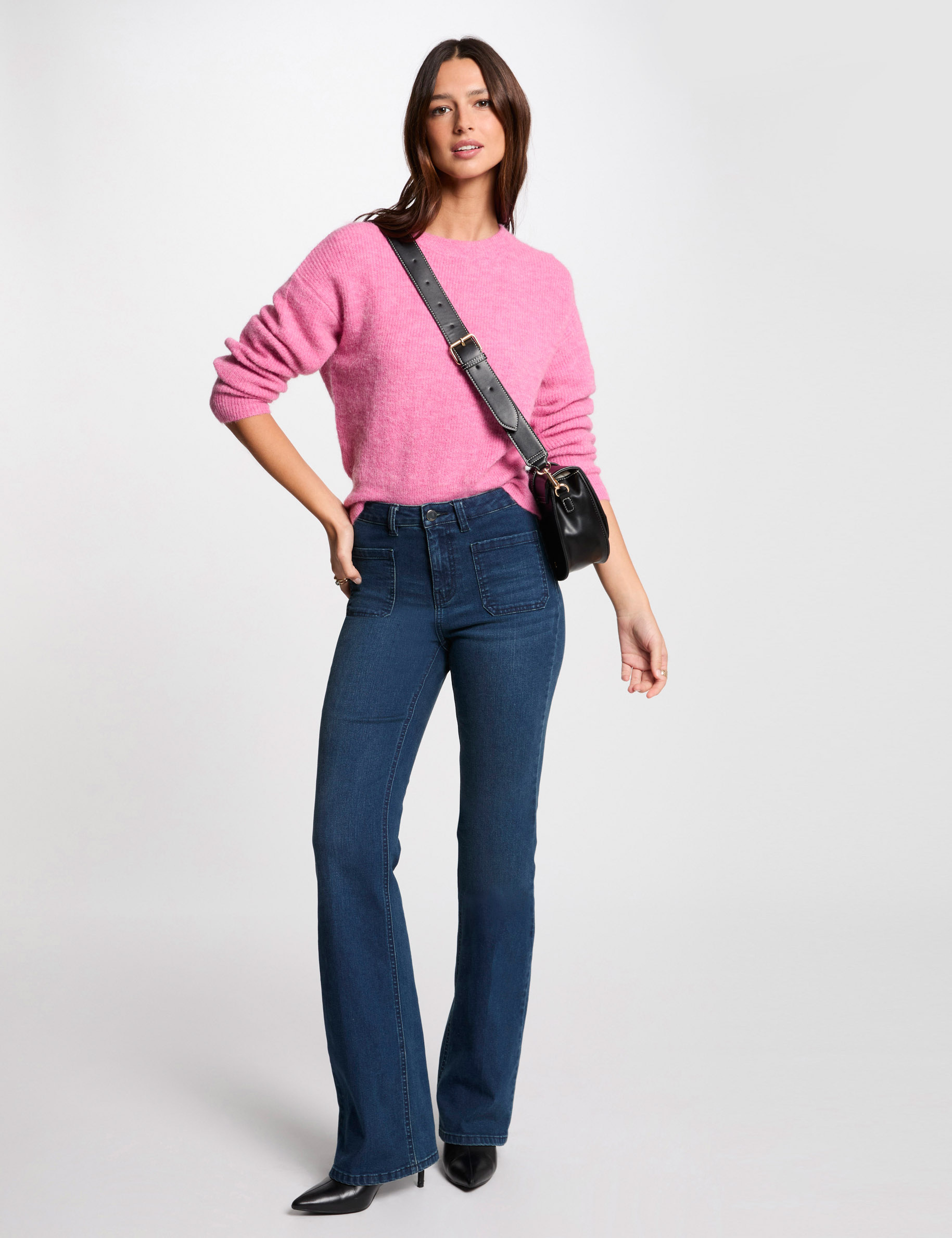 Pull col rond manches longues rose femme