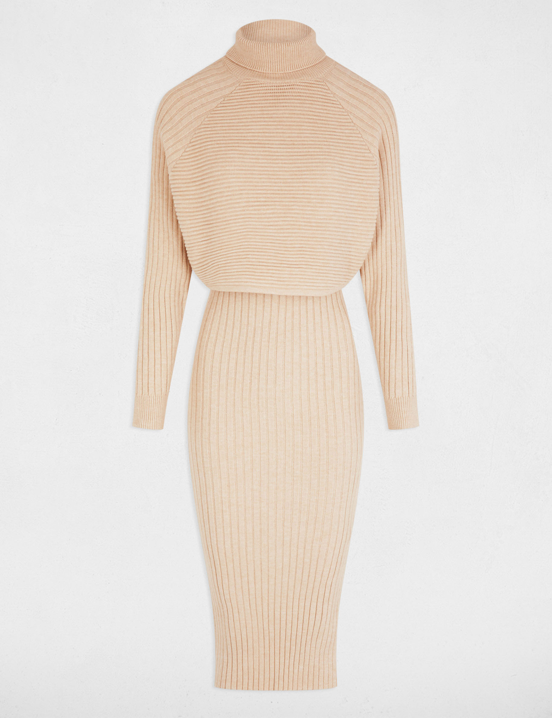 Robe pull midi ajustée effet 2-en-1 beige femme