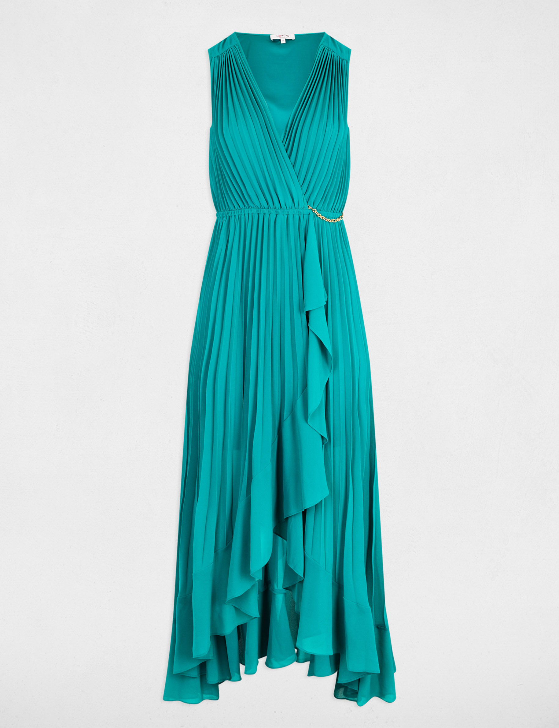 Robe longue fluide plissée bleu turquoise femme