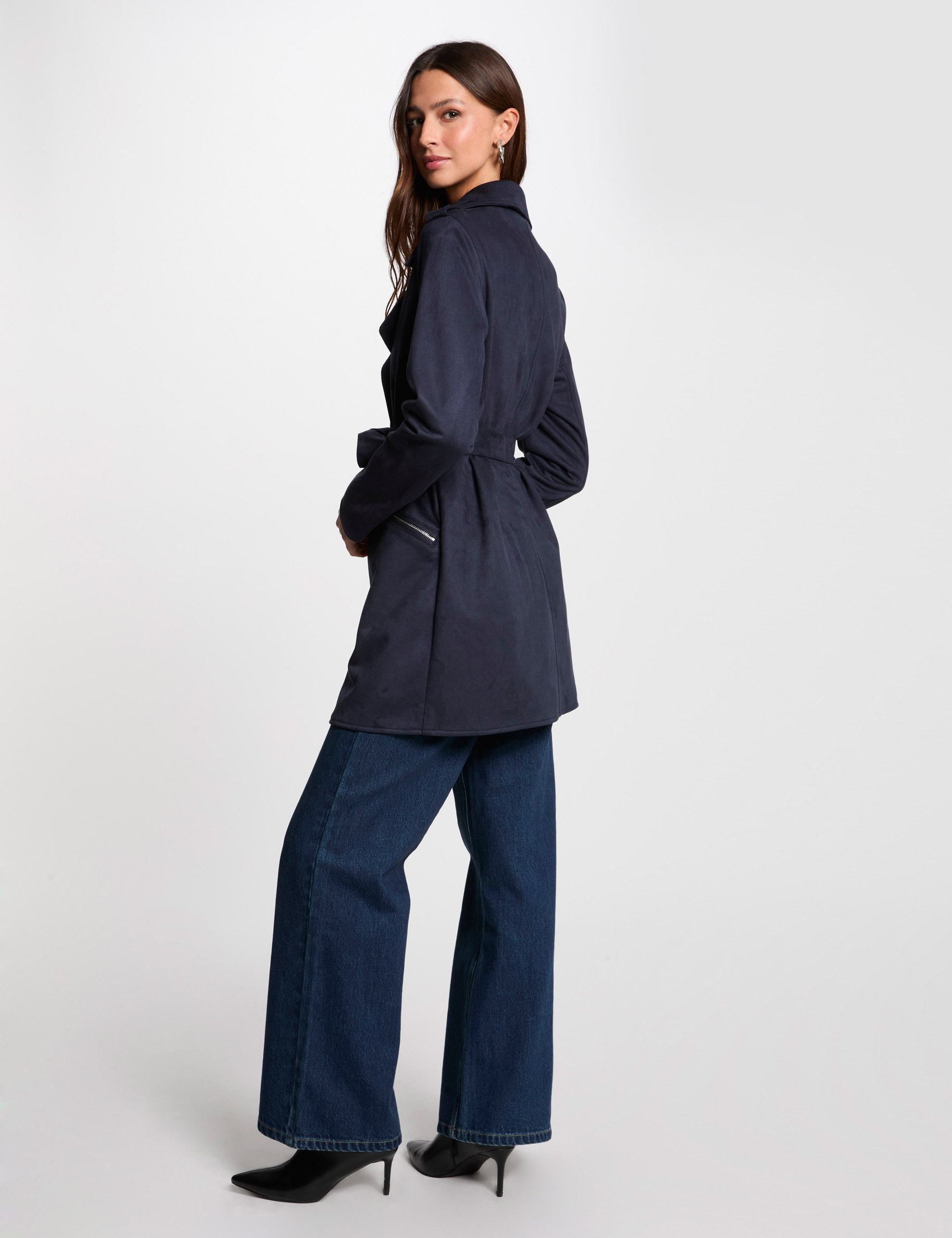 Manteau long ceinturé suédine bleu marine femme