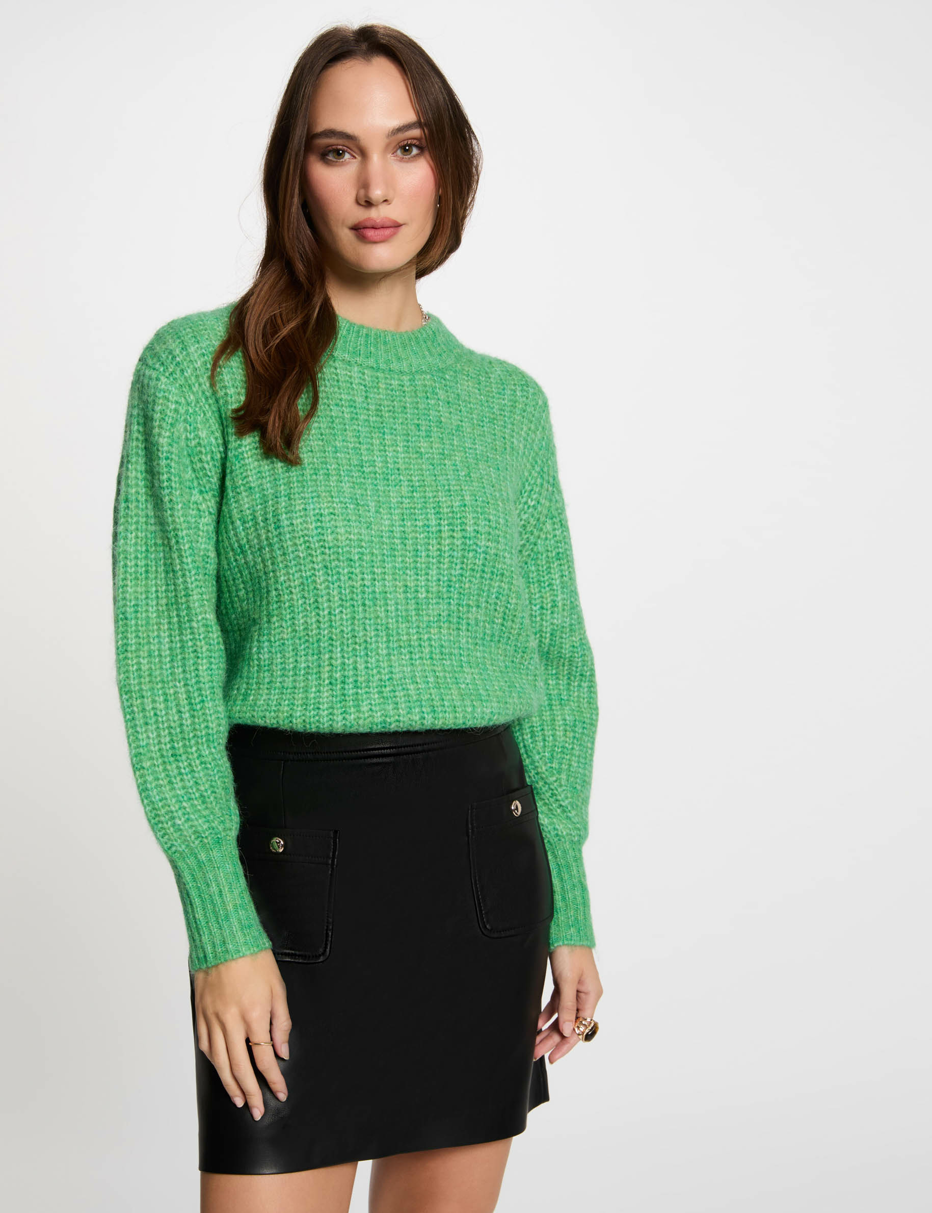 Pull col rond manches longues vert menthe femme