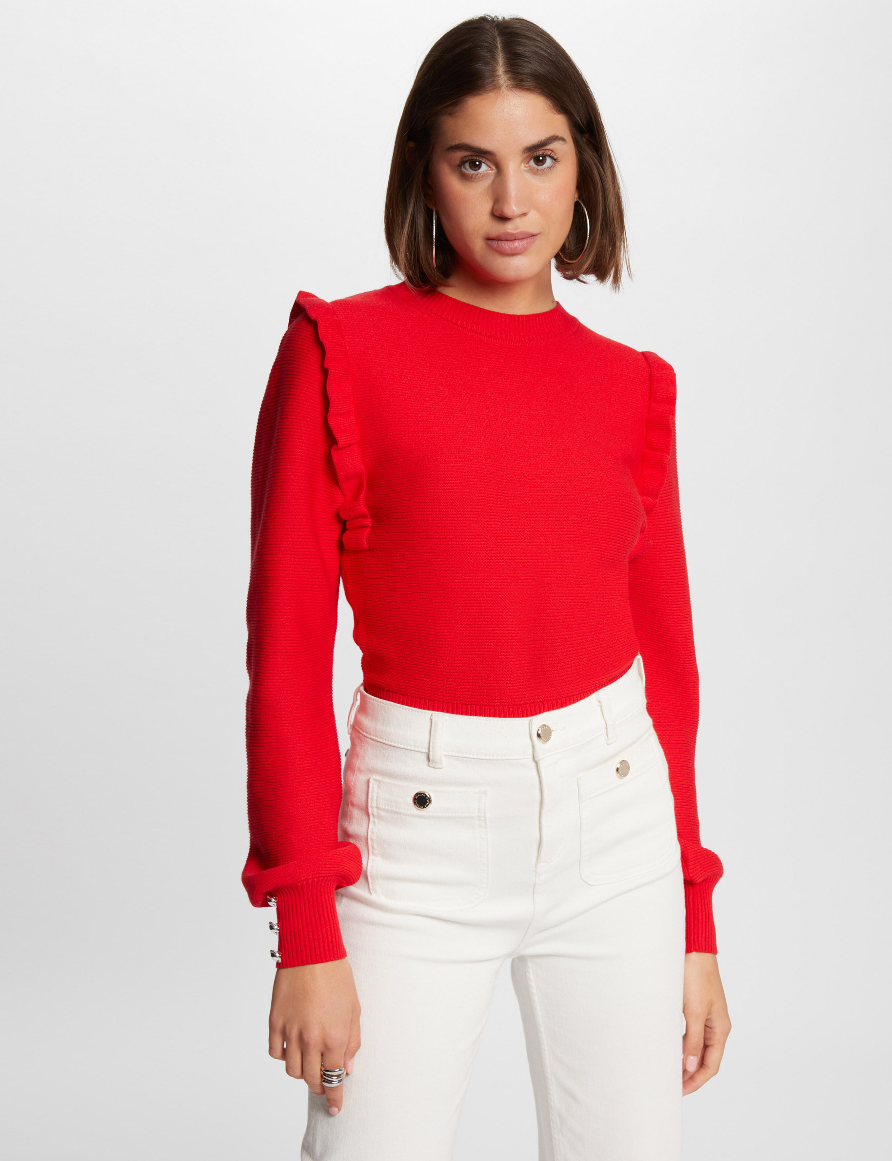 Pullover mit langen Ärmeln und Rüschen rot damen