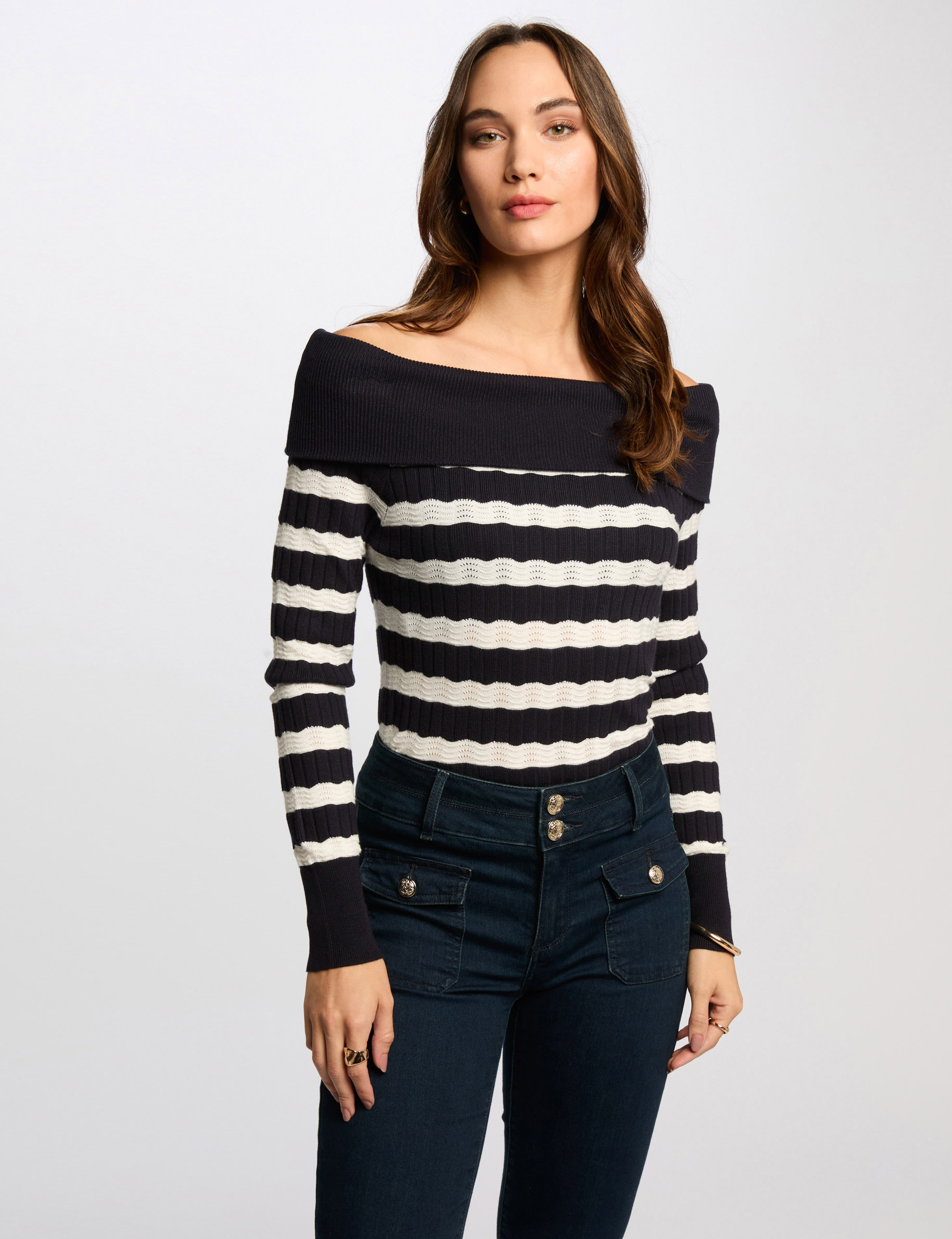 Pull col bardot rayé bleu marine femme