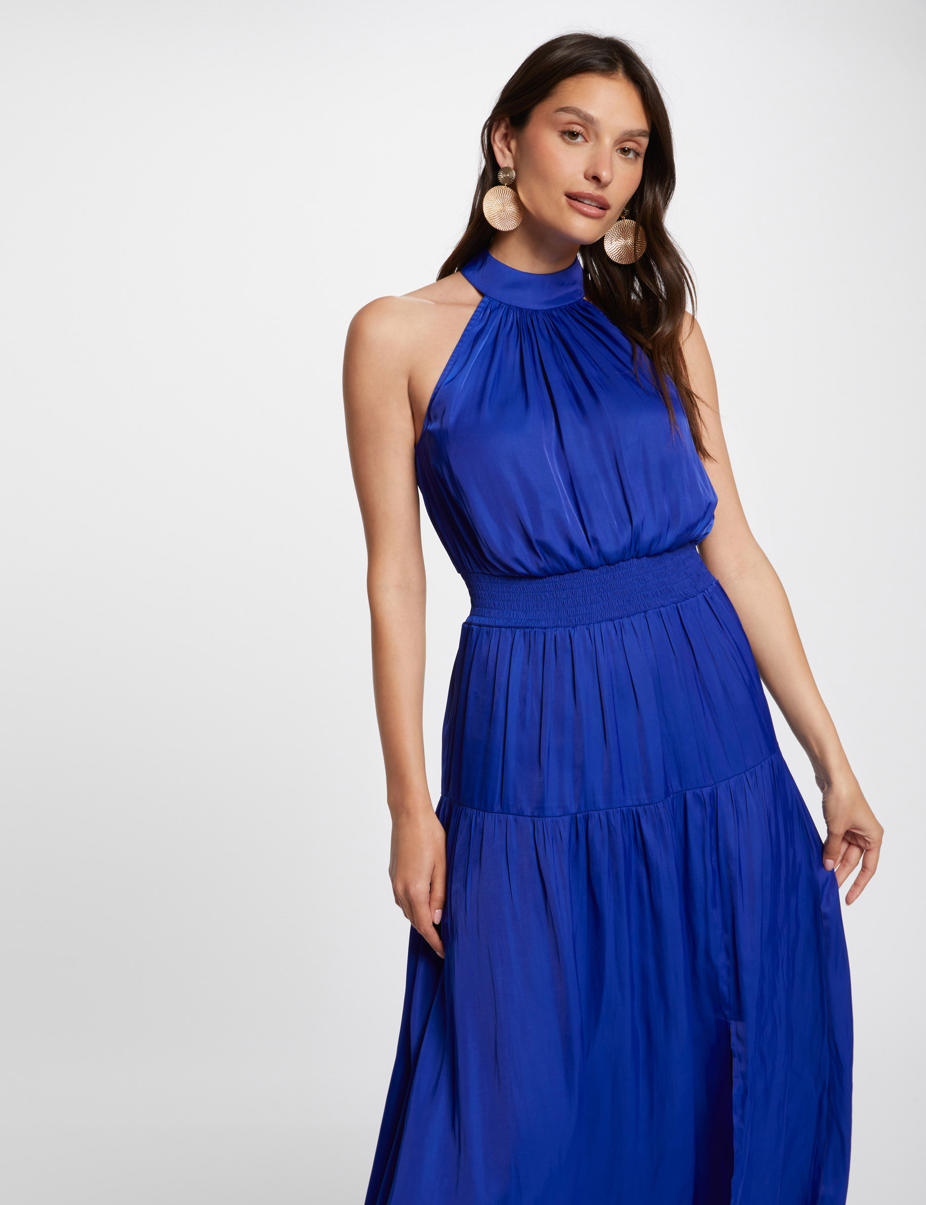 Langes tailliertes Satin-Kleid elektrisch blau damen