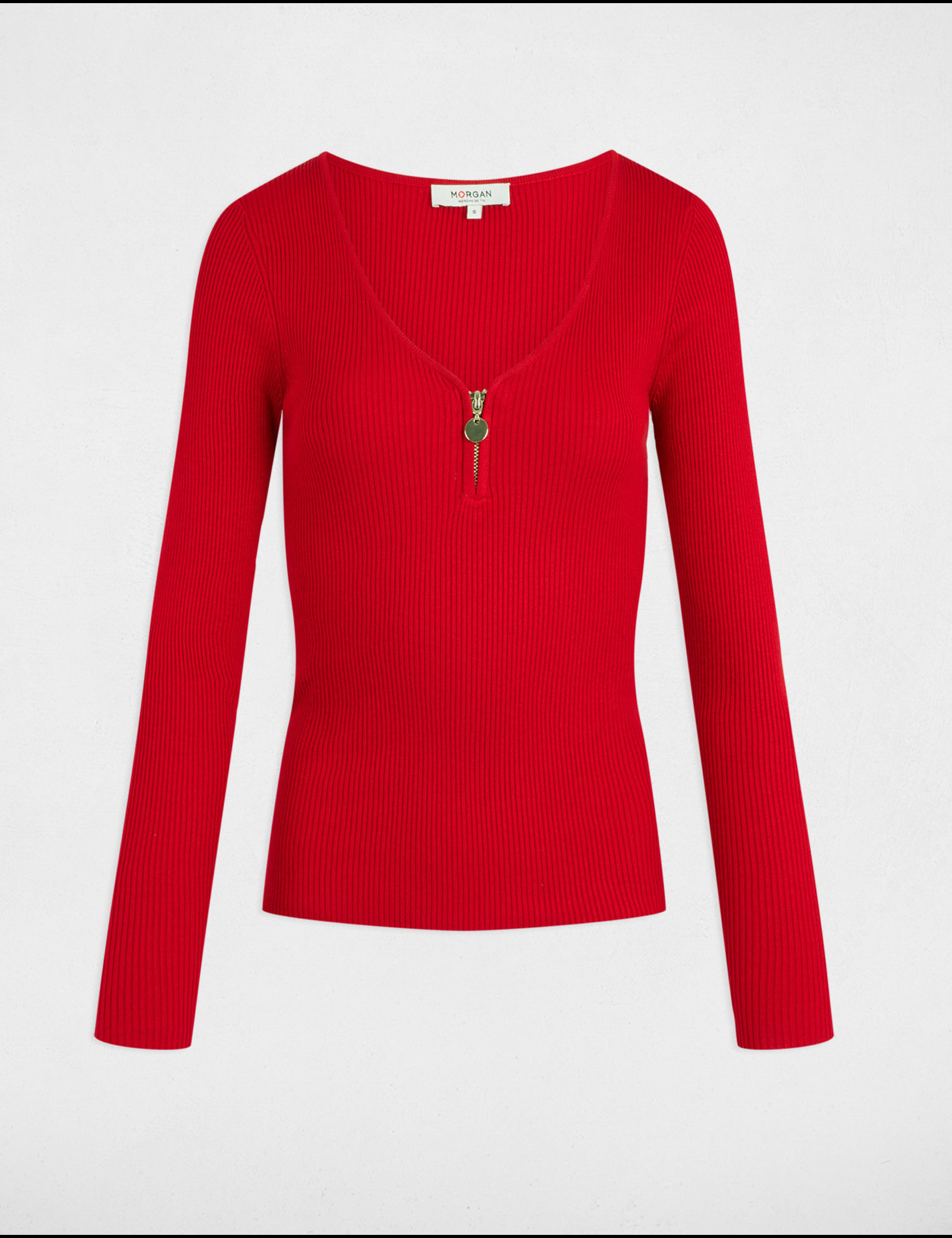 Pull manches longues côtelé détail zippé rouge femme