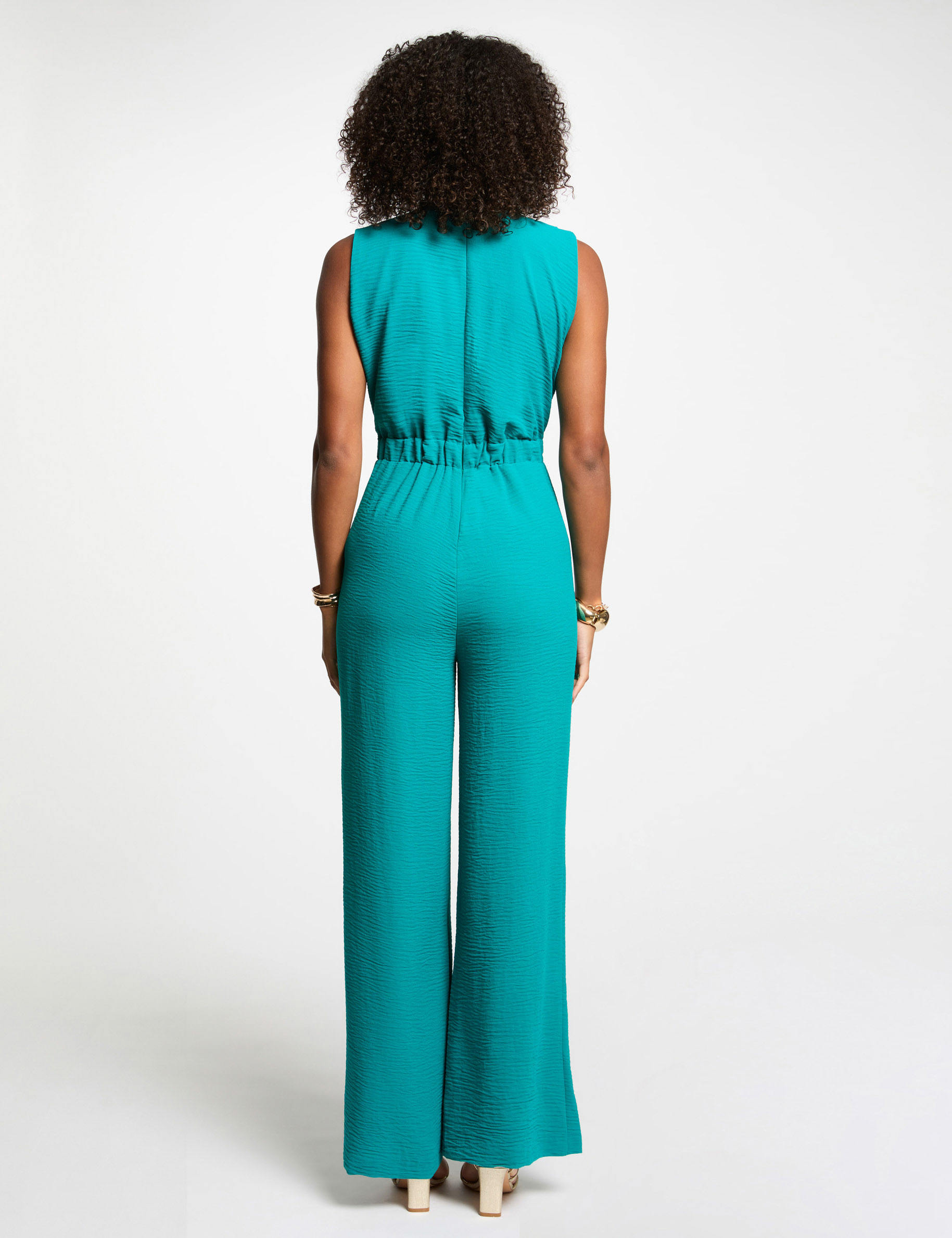 Combinaison jambe large détail boucle bleu turquoise femme