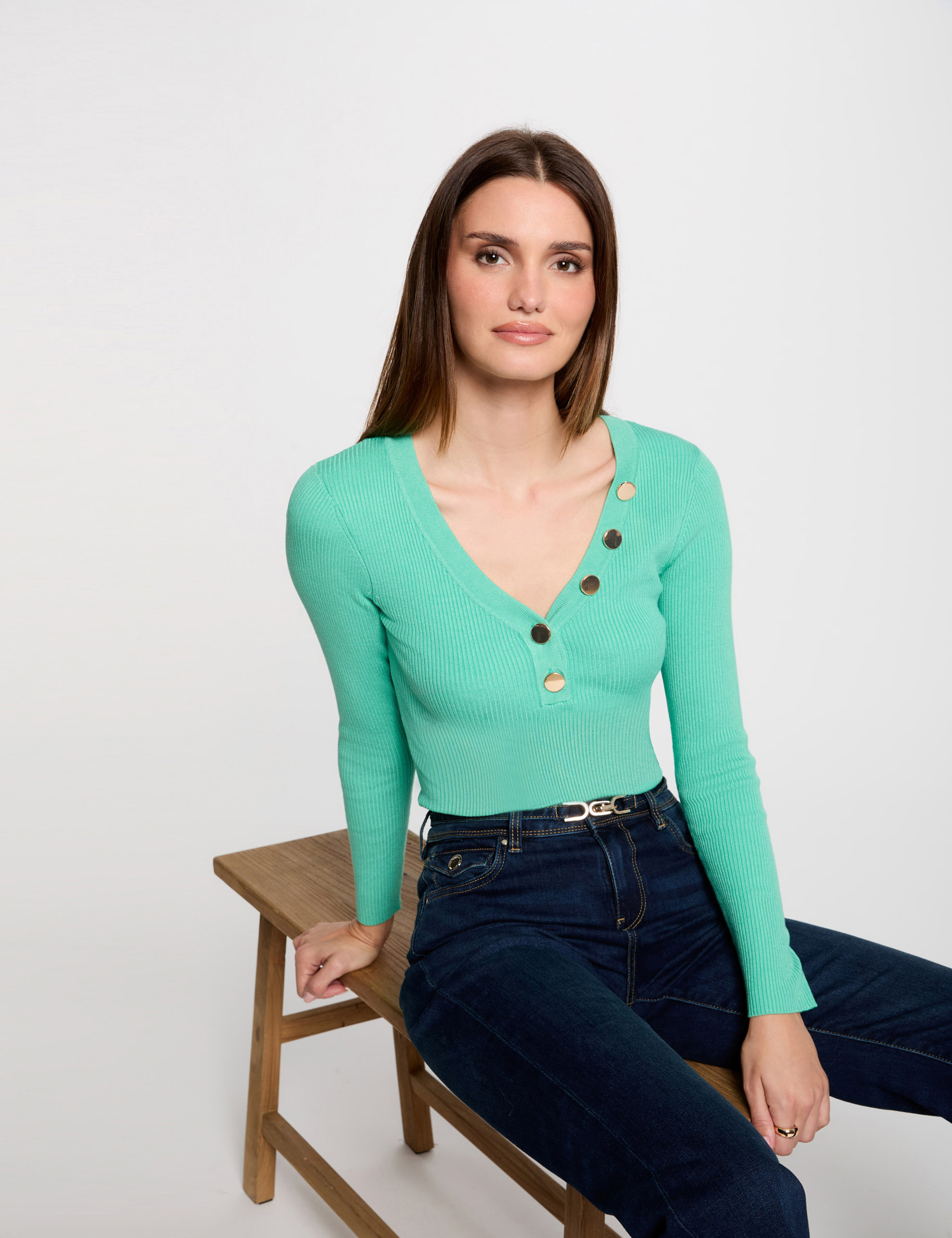 Pull manches longues boutons vert menthe femme