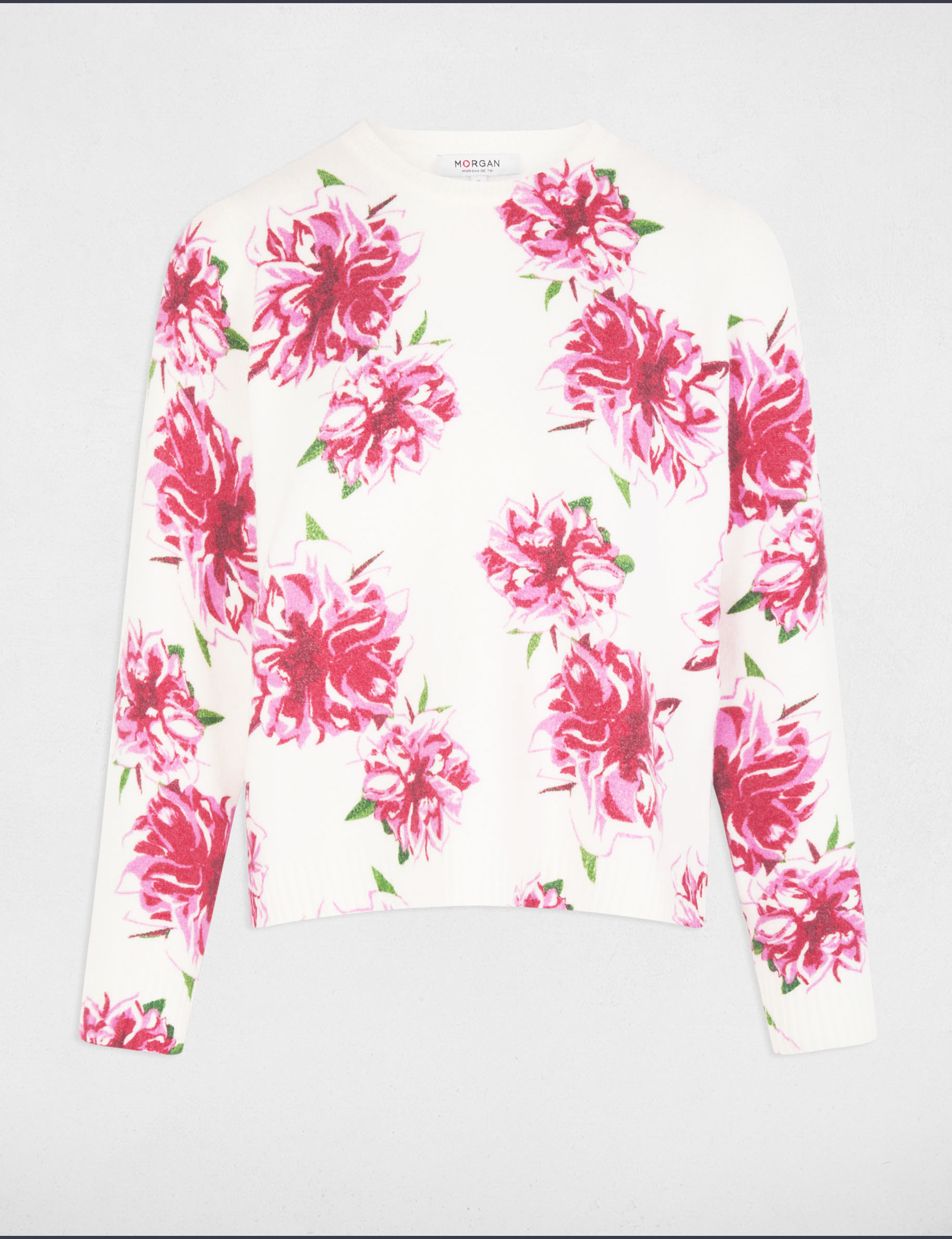 Pull col rond imprimé floral ivoire femme