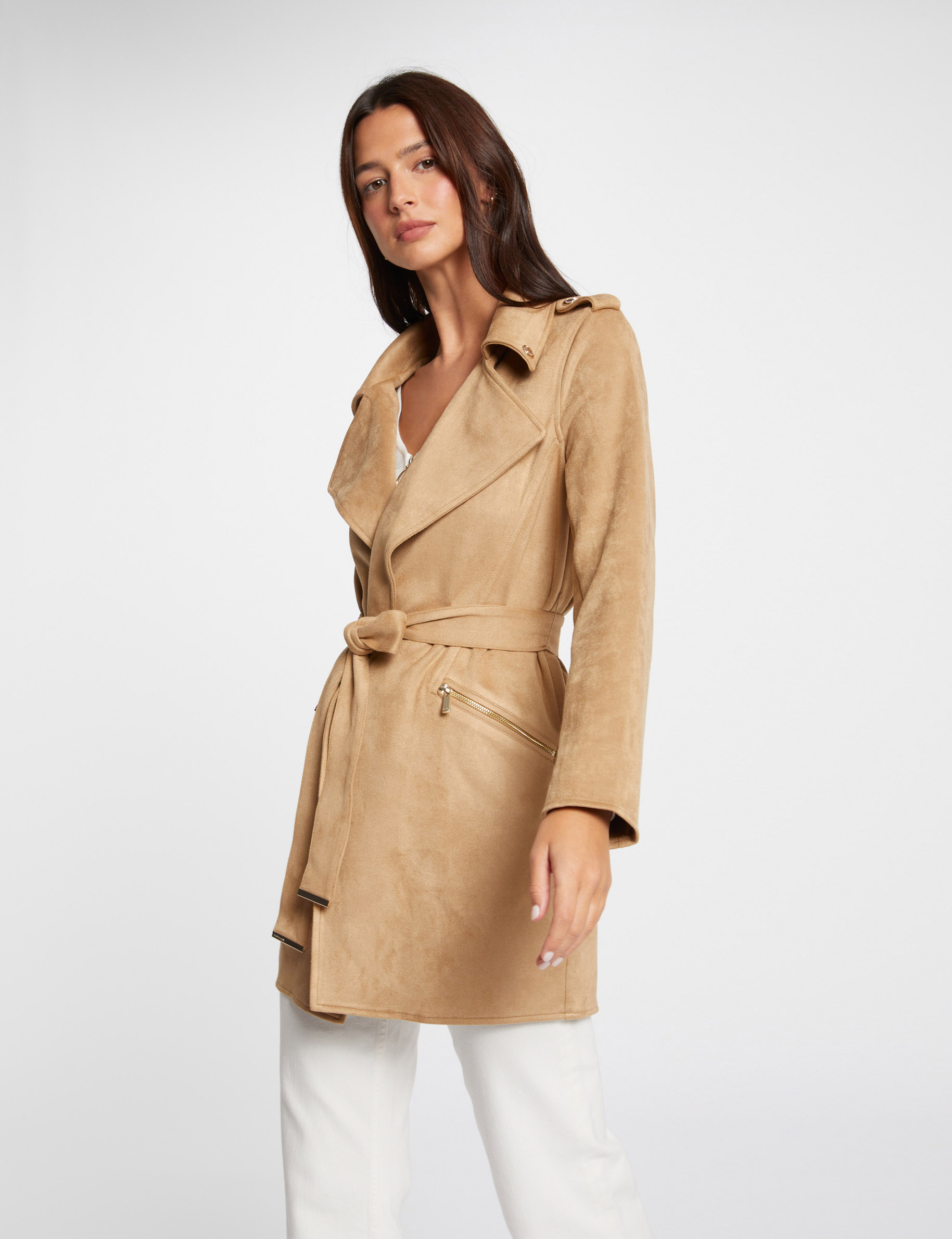 Manteau long ceinturé suédine beige femme