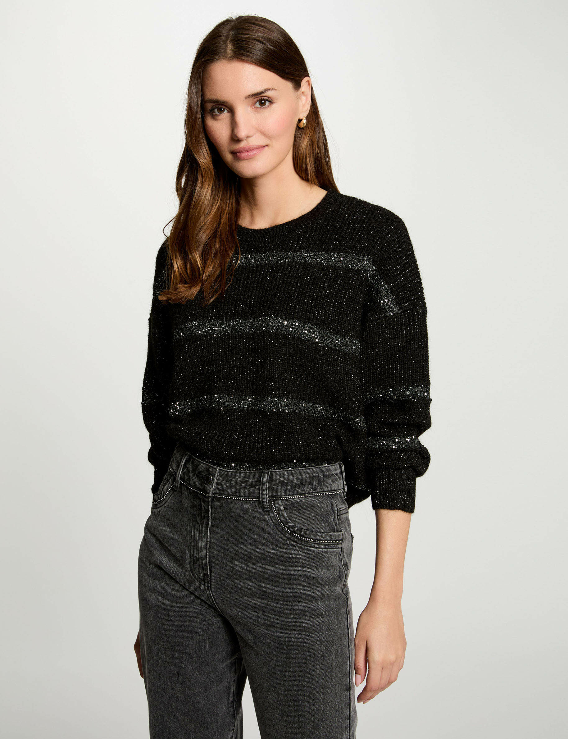 Pull col rond et sequins noir femme