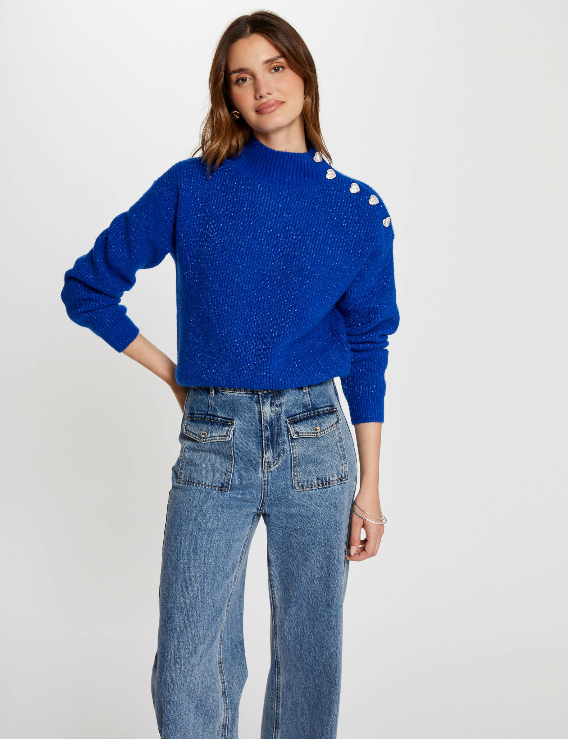 Pull manches longues avec boutons bleu electrique femme